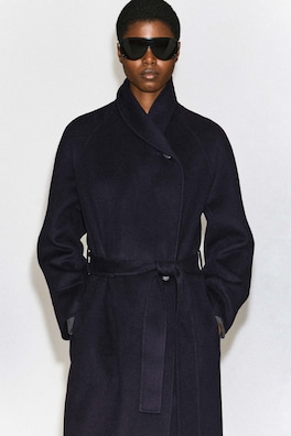 SHAWL-COLLAR DOUBLE-FACED WOOL LONG COAT — NAVY 5