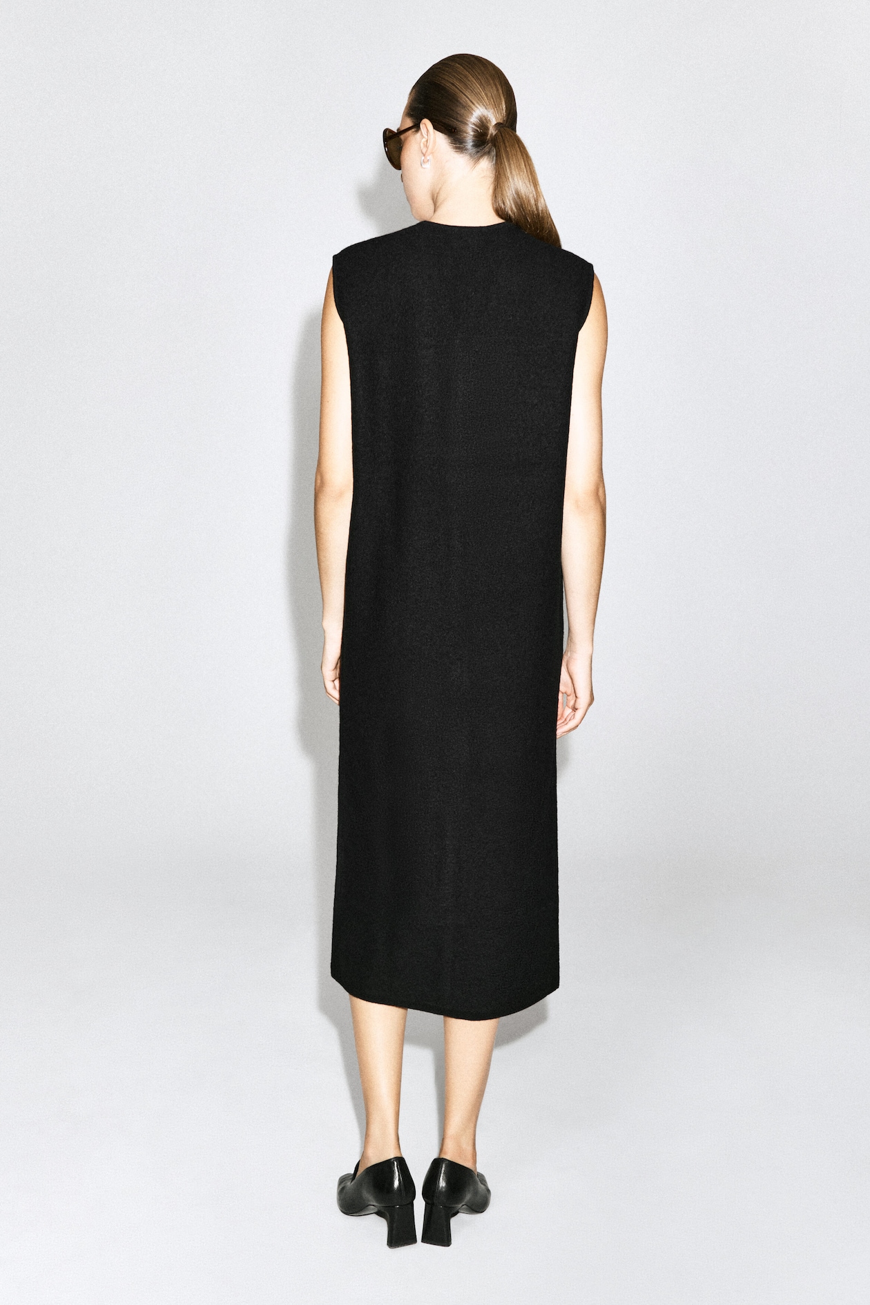 BUTTONED BOILED MERINO WOOL DRESS — BLACK