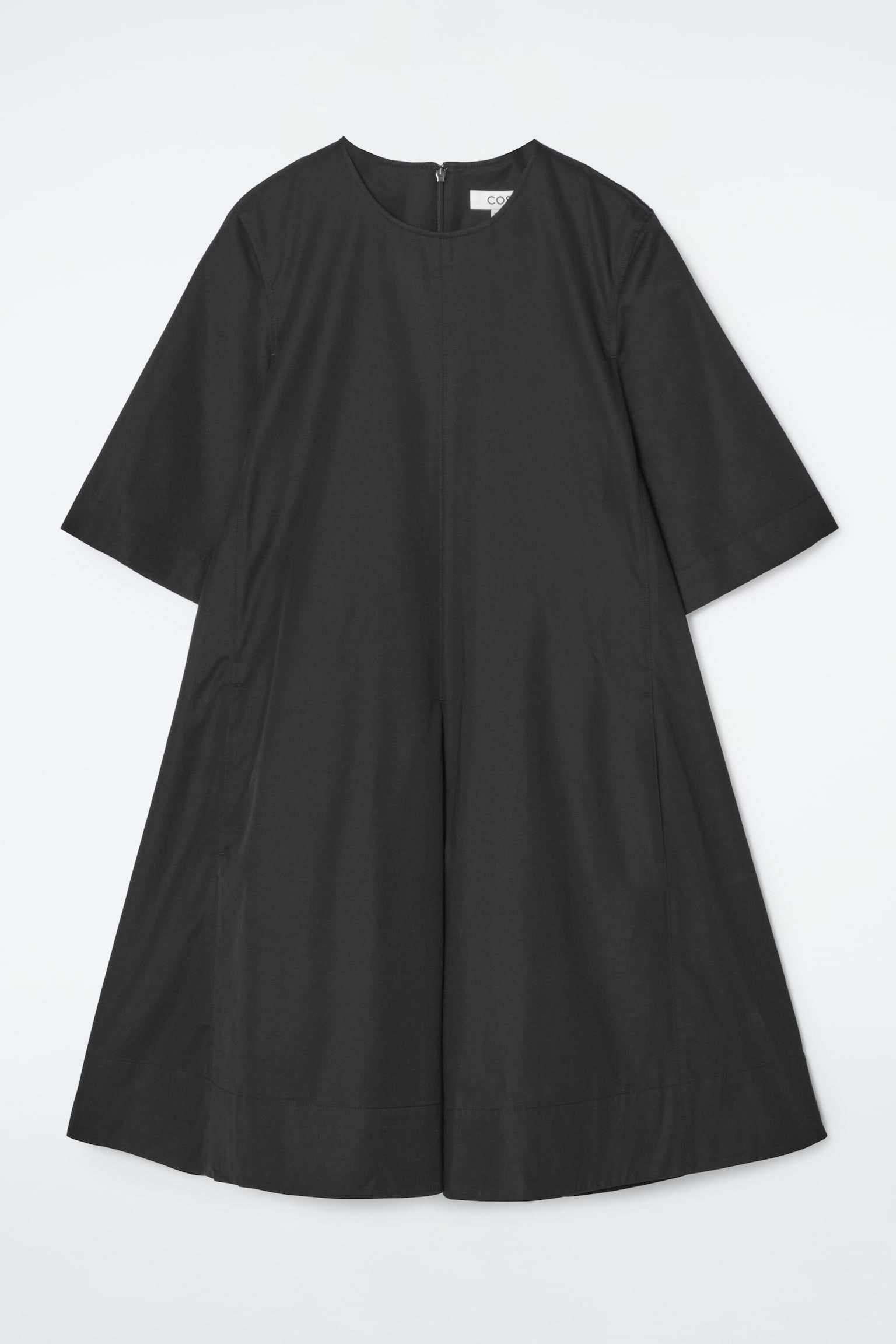 PLEATED COTTON MINI DRESS - BLACK/BEIGE