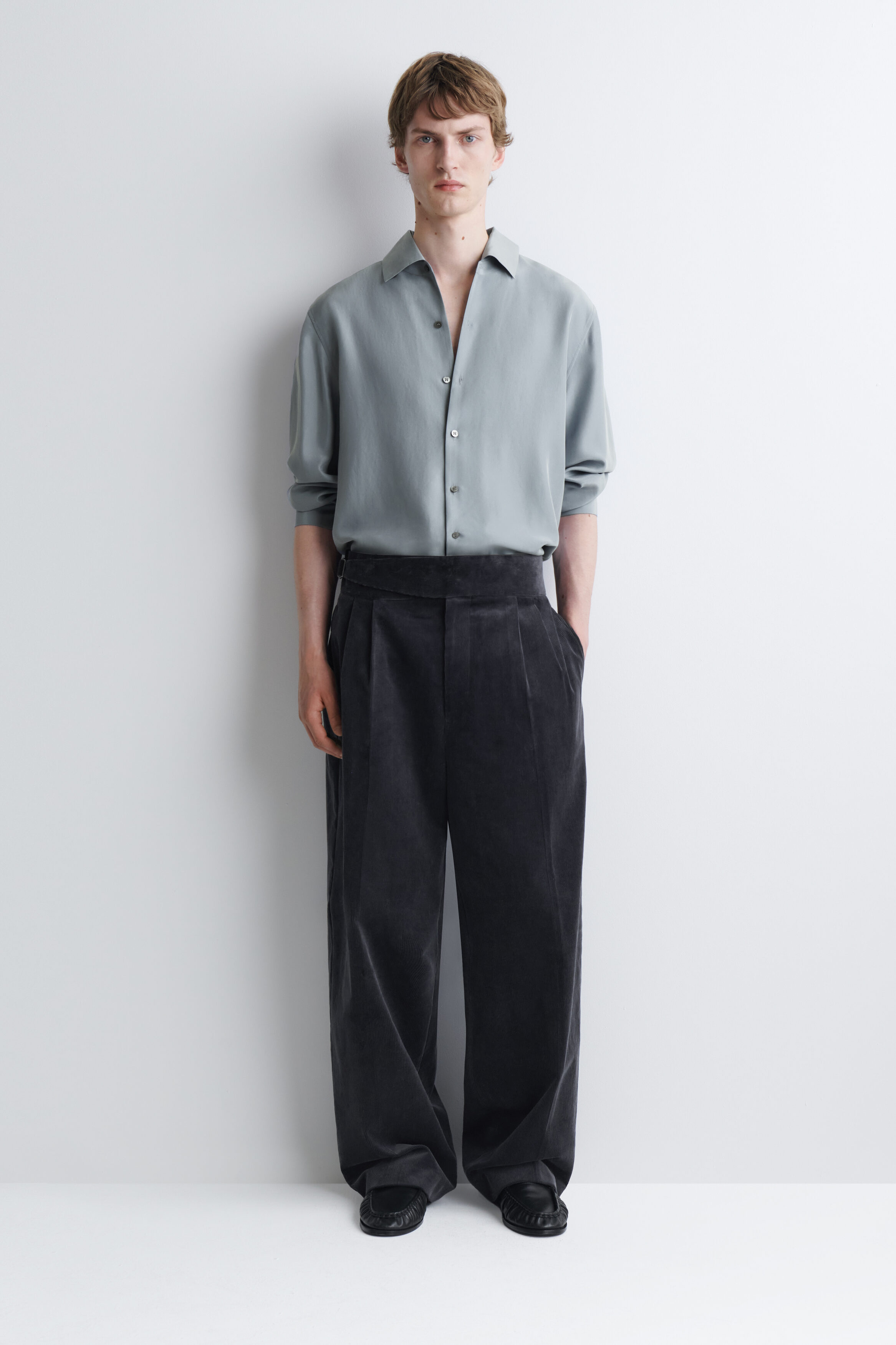 black pants grey dress shirt RELAXED SILK - DOVE GRAY green mock neck evening dress