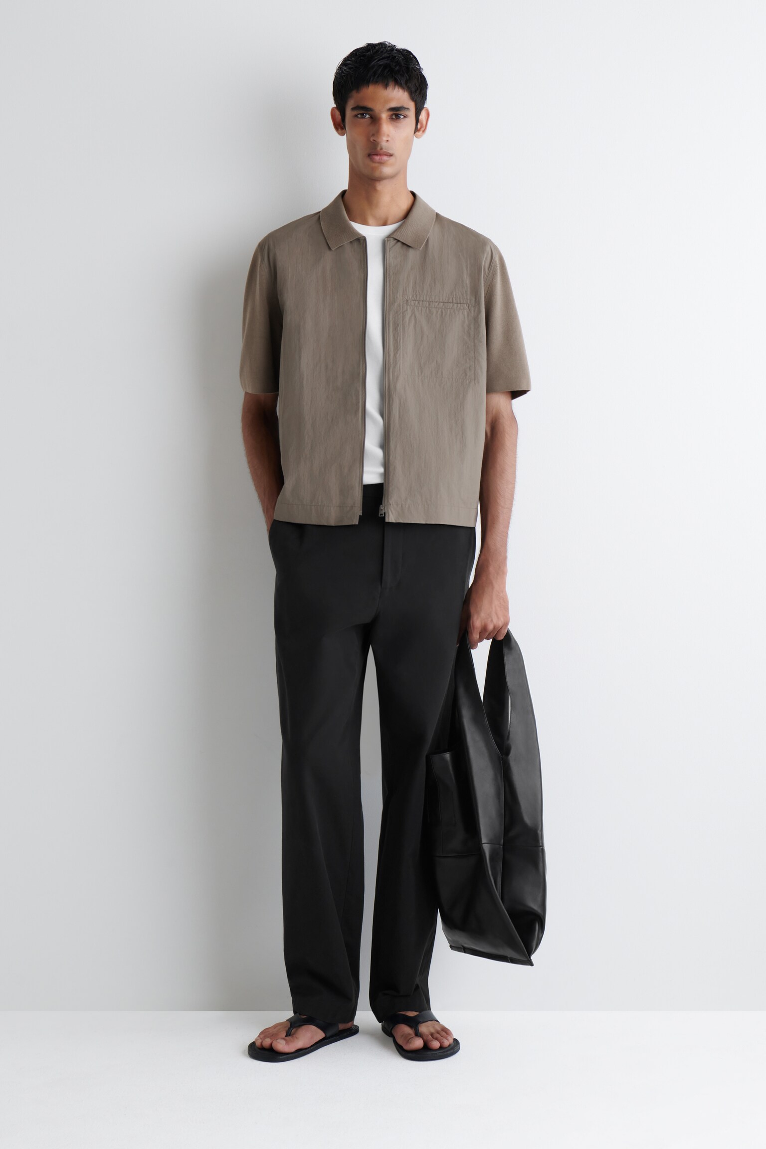 CAMISA DE PUNTO CON PANELES DE NAILON - HUESO - 5