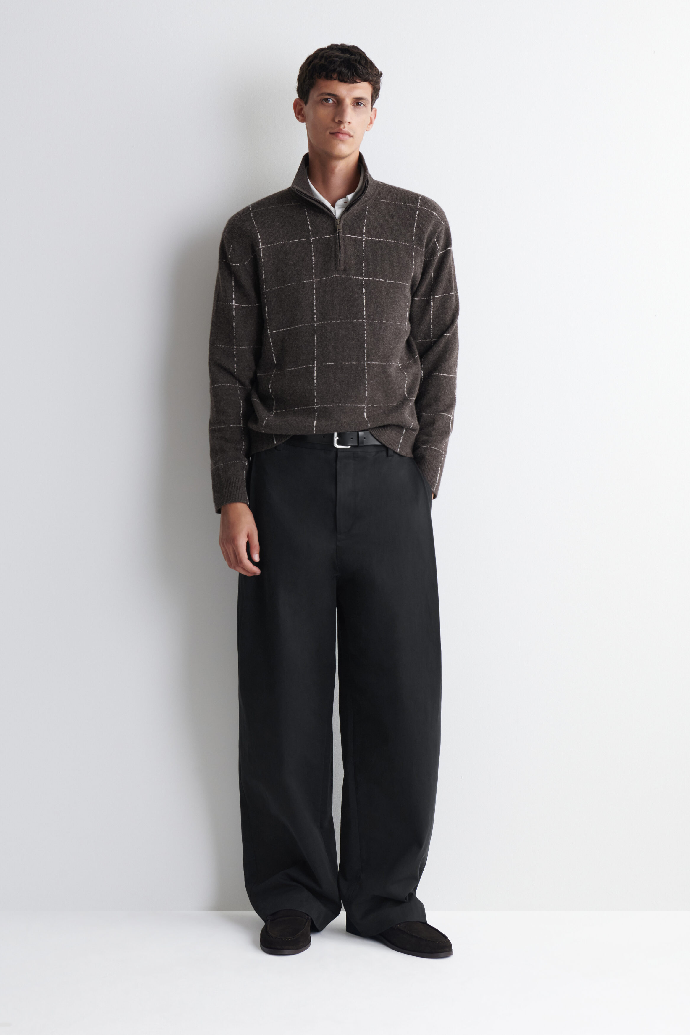 CHECKED WOOL-COTTON ZIP-UP SWEATER - BROWN / CHECKED | COS US