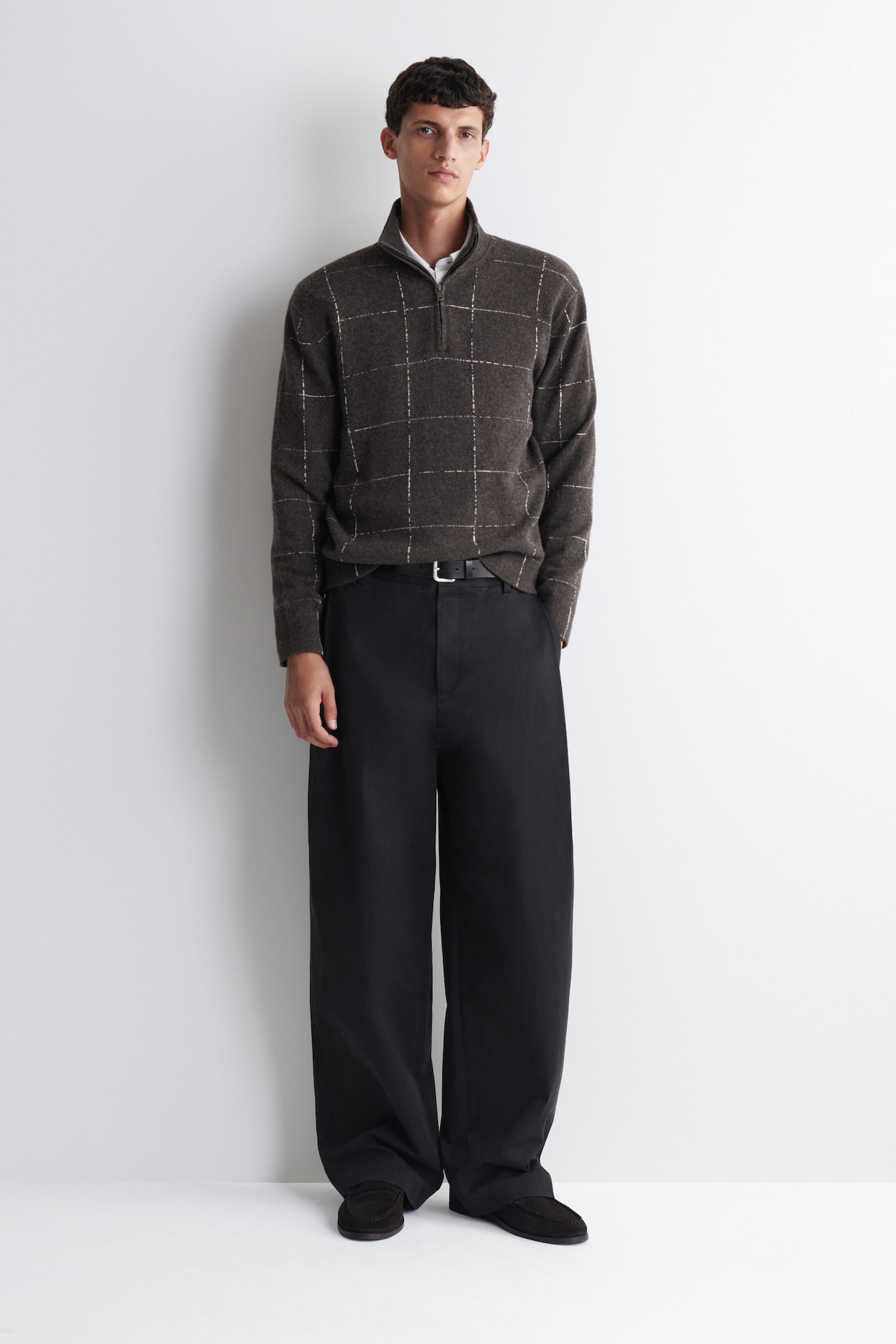 CHECKED WOOL-COTTON ZIP-UP SWEATER — BROWN / CHECKED