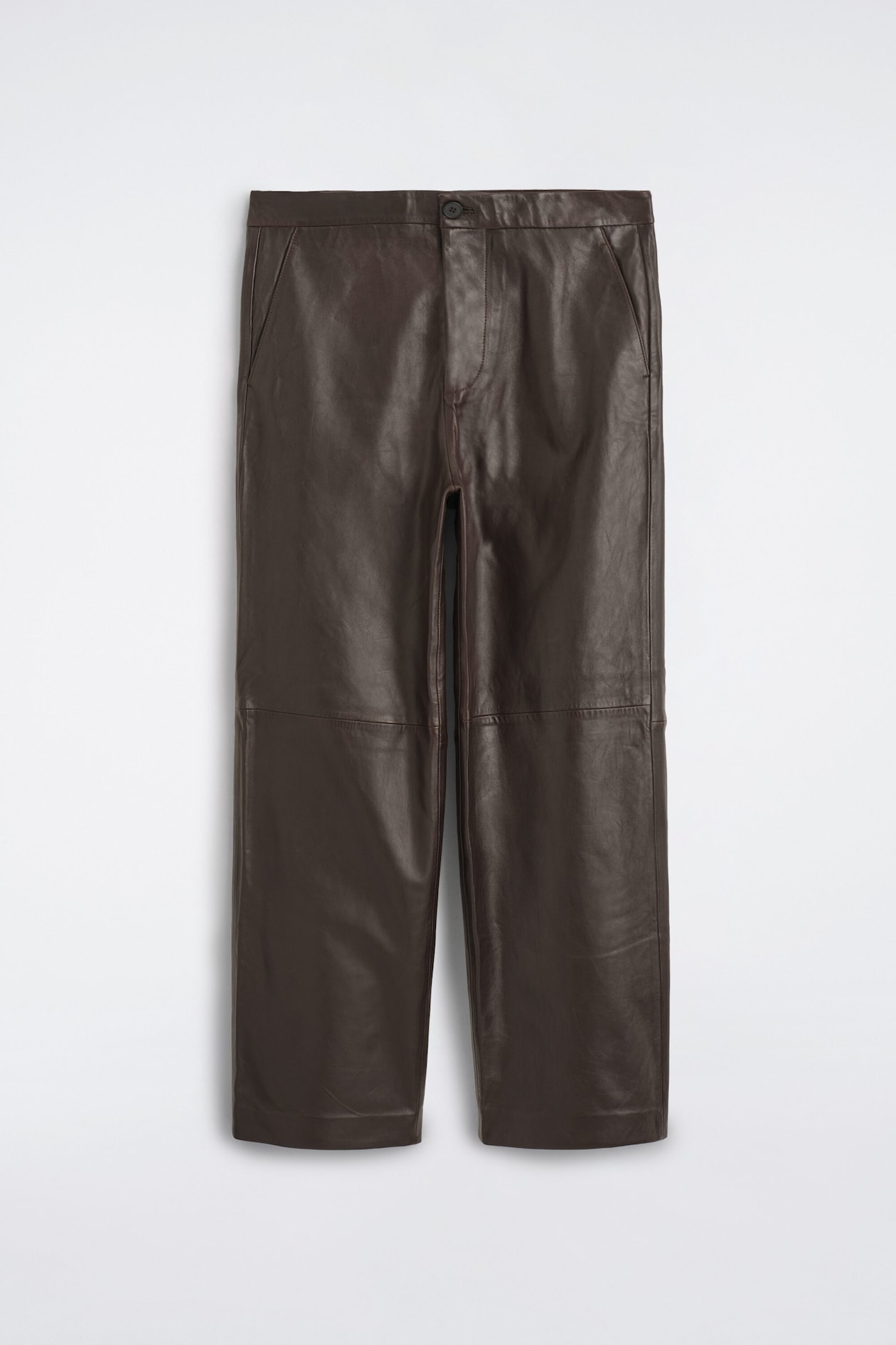 Leather relaxed-fit straight-leg pants are shown in a front view, featuring a dark brown leather construction, a waistband with a button closure, and side pockets. The pants are displaying a straight-leg silhouette with horizontal seam details running across the knees.
