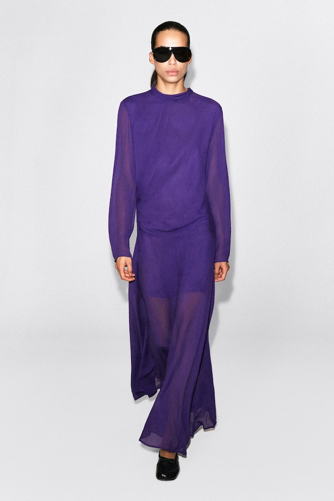 DRAPED TURTLENECK MAXI DRESS — PURPLE