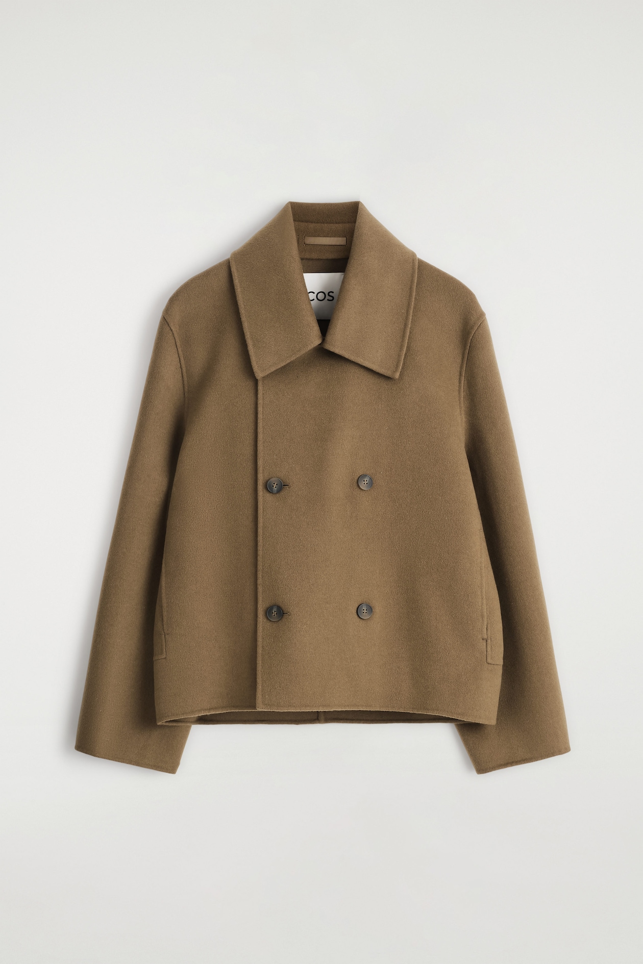 DOUBLE-FACED WOOL SHORT PEA COAT — CARAMEL