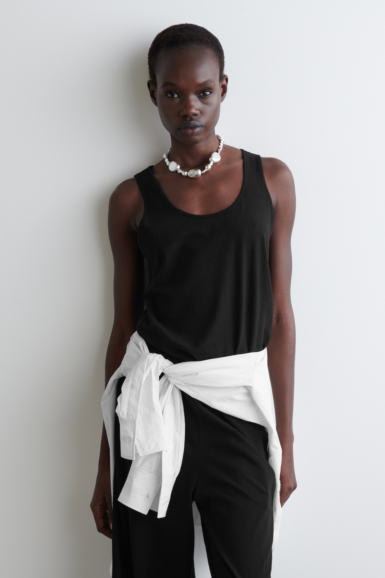 DÉBARDEUR EN COTON ET LIN - NOIR/NOIR / IVOIRE / RAYURES