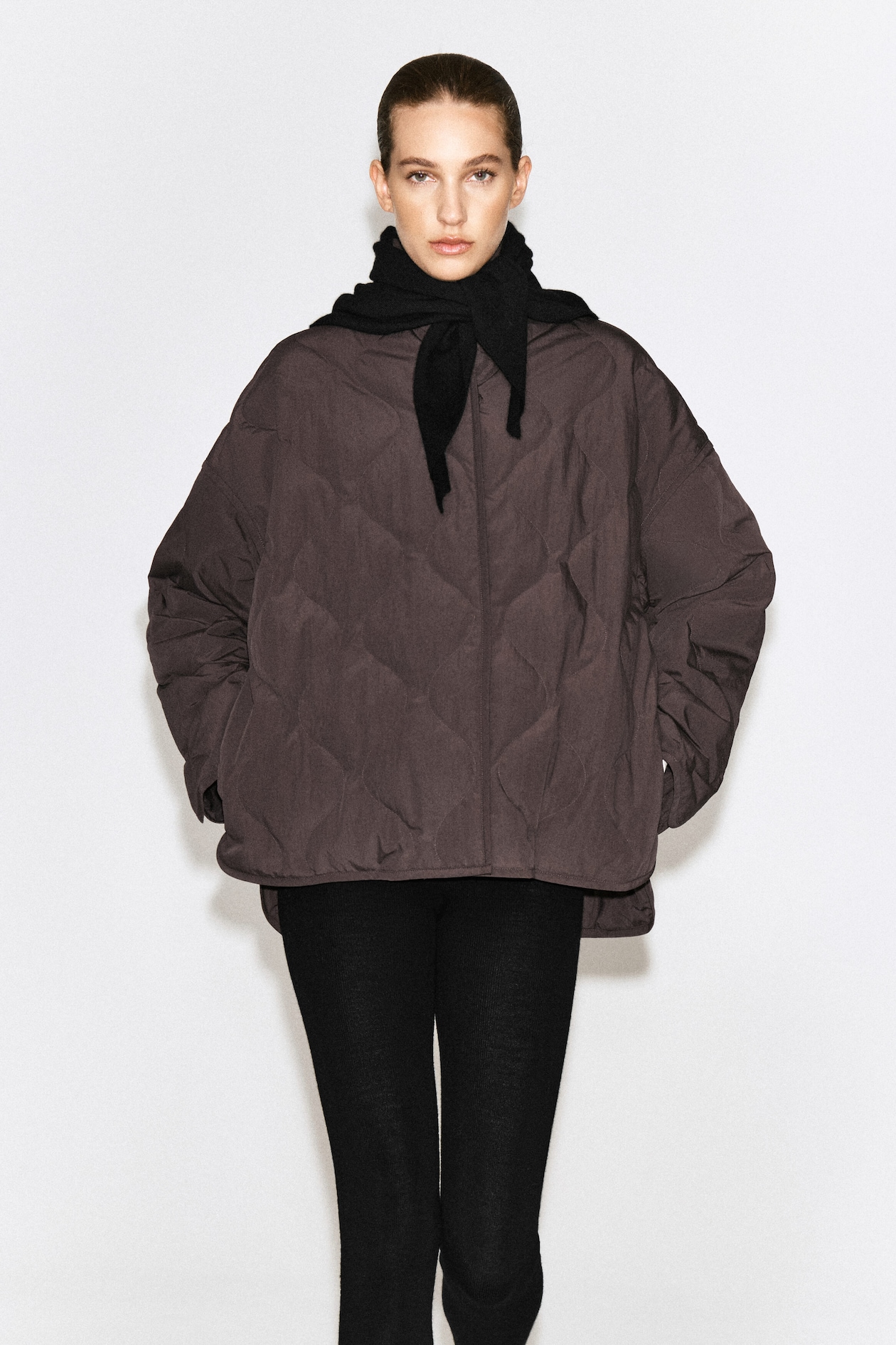 SHAWL-COLLAR QUILTED JACKET — BROWN