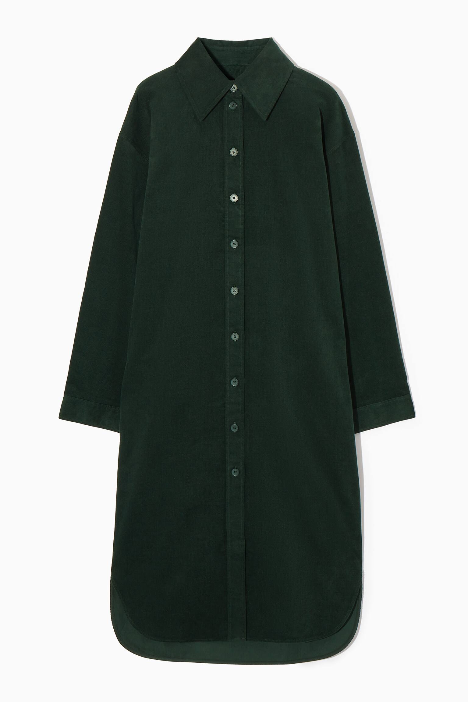 CORDUROY MIDI SHIRT DRESS - DARK GREEN