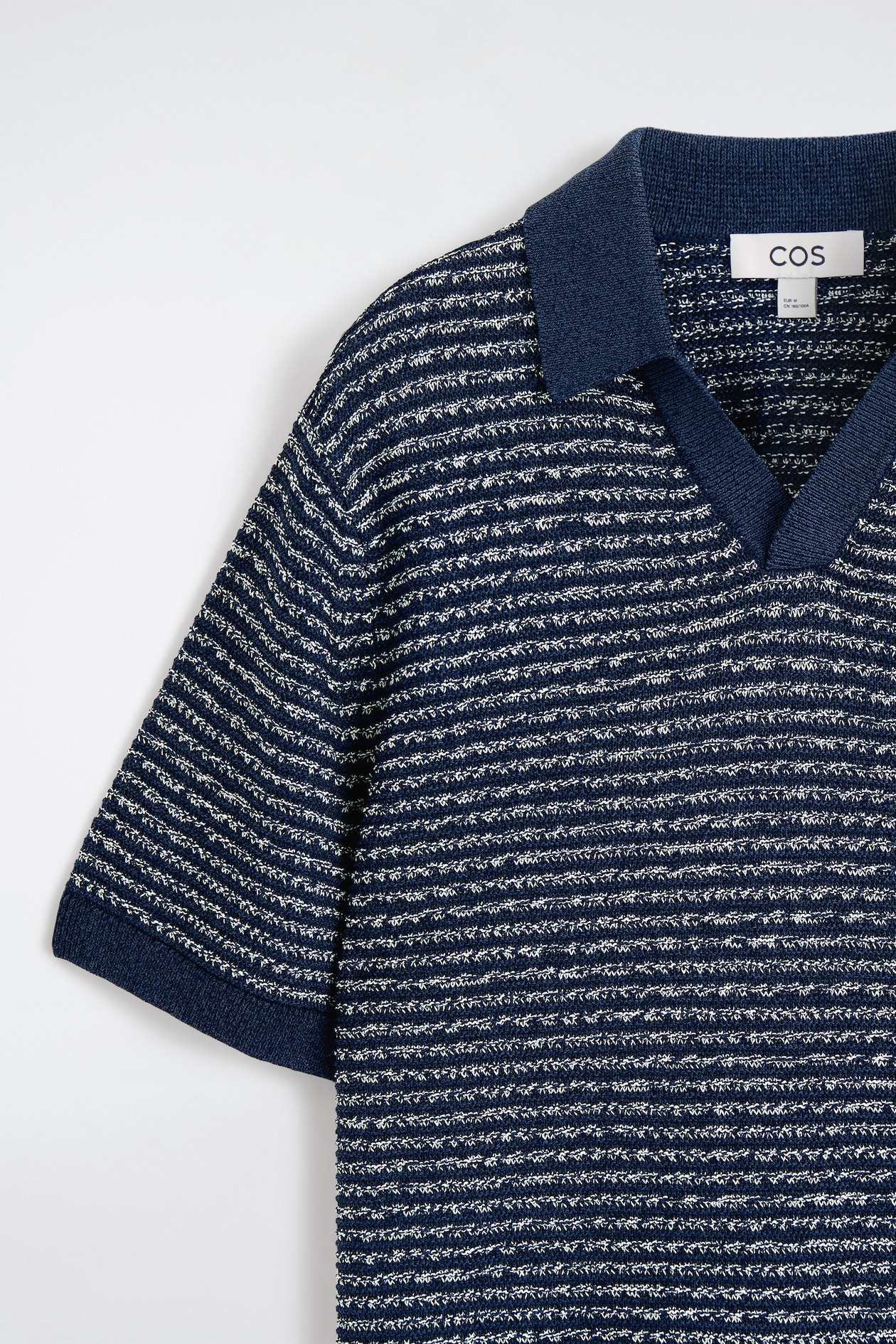 STRIPED OPEN-KNIT POLO SHIRT — NAVY / WHITE / STRIPED