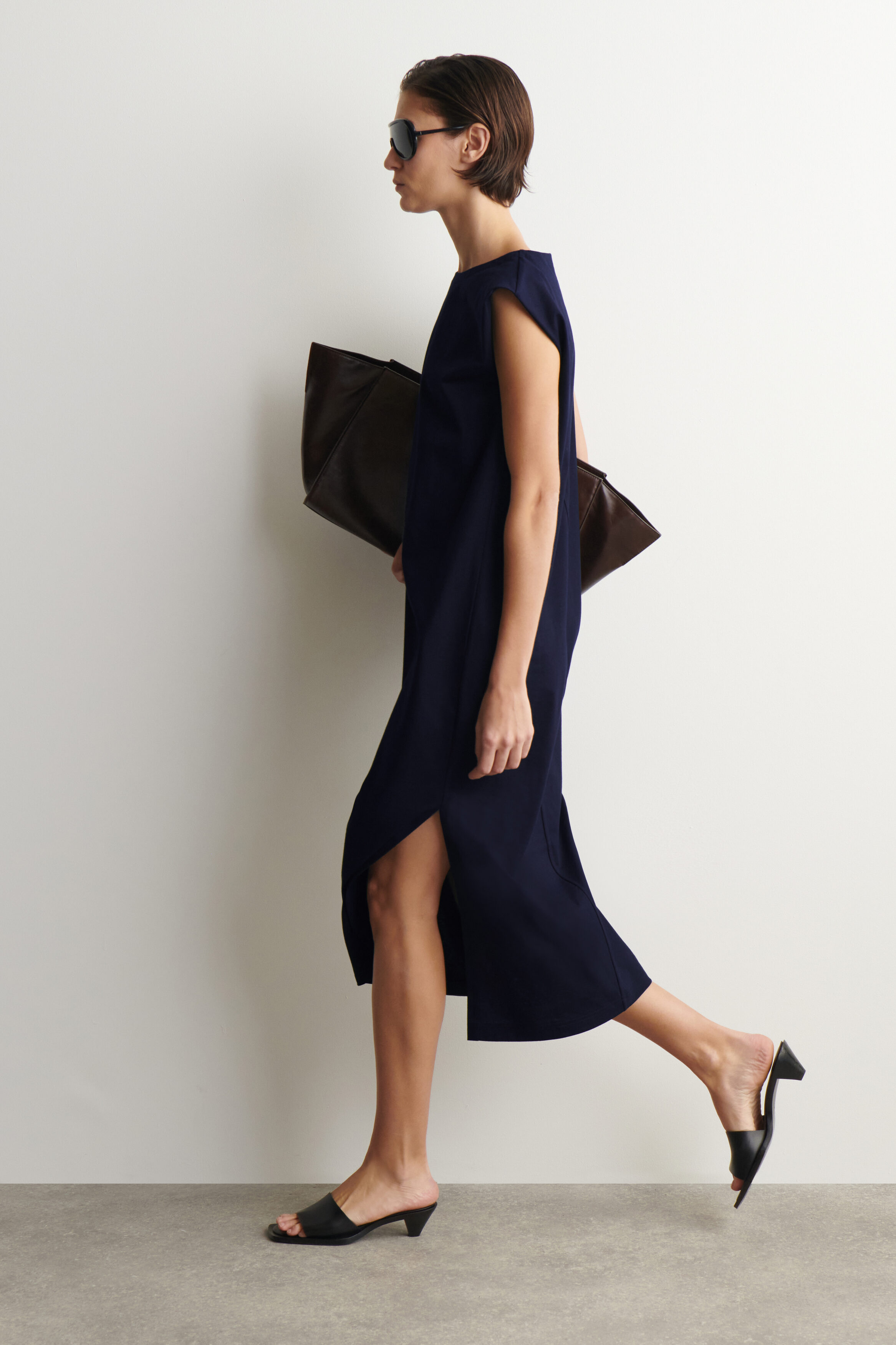 FOLDED-SHOULDER COTTON-JERSEY MIDI DRESS - NAVY | COS US