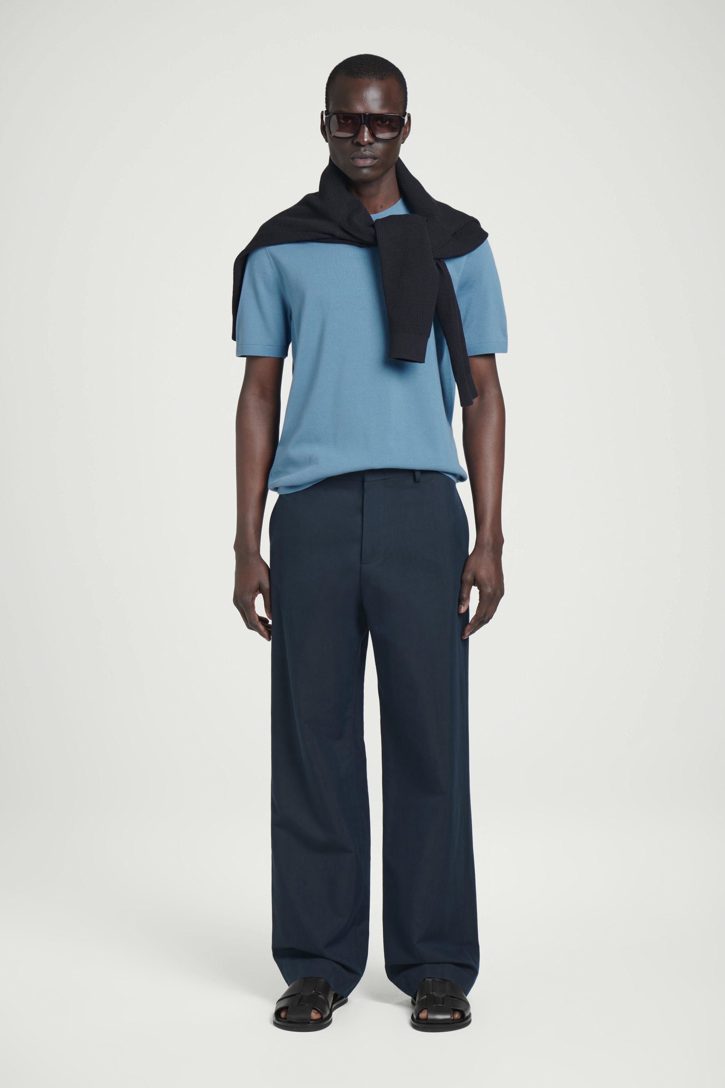 KNITTED COTTON CREW-NECK T-SHIRT - BLUE | COS