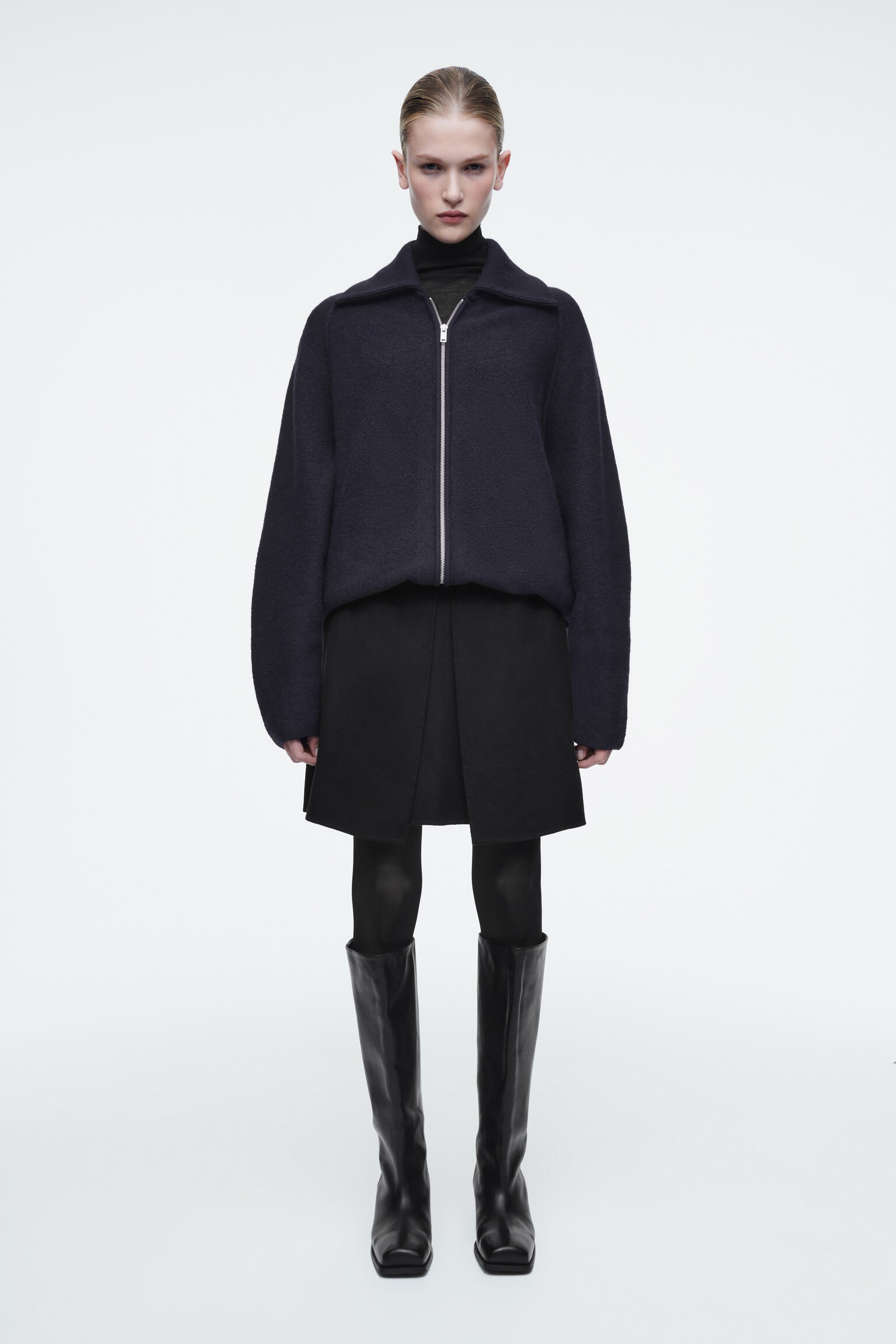 FOLD-DETAIL DOUBLE-FACED WOOL MINI SKIRT - BLACK