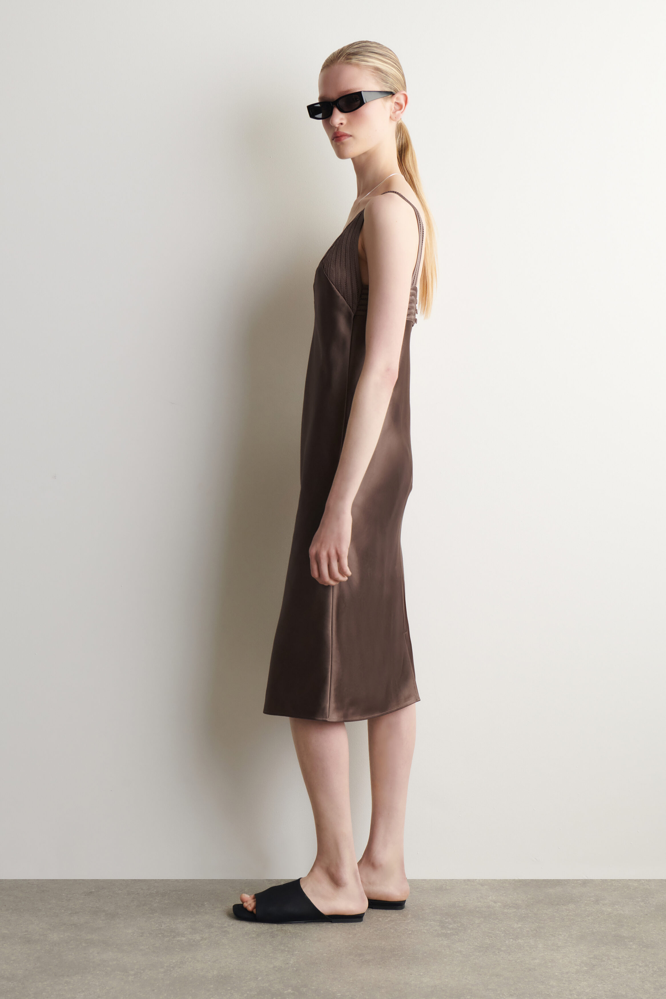 COS Women's Open-Stitch Satin Slip Dress in Brown | Size: 12 COS Women's Open-Stitch Satin Slip Dress in Brown | Size: 12