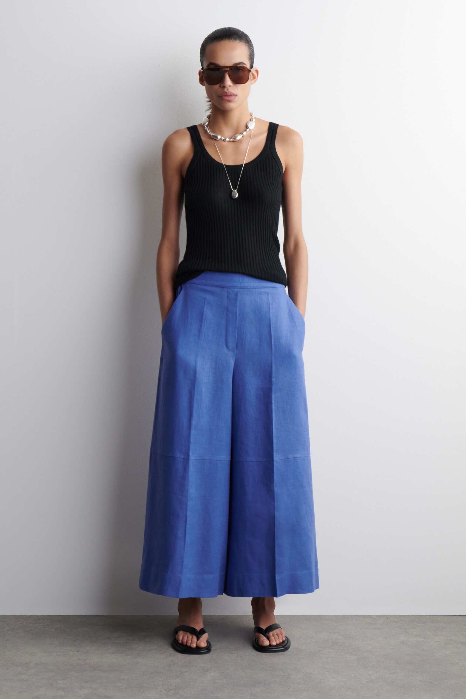 JUPE-CULOTTE EN LIN - BLEU/NOIR - 3