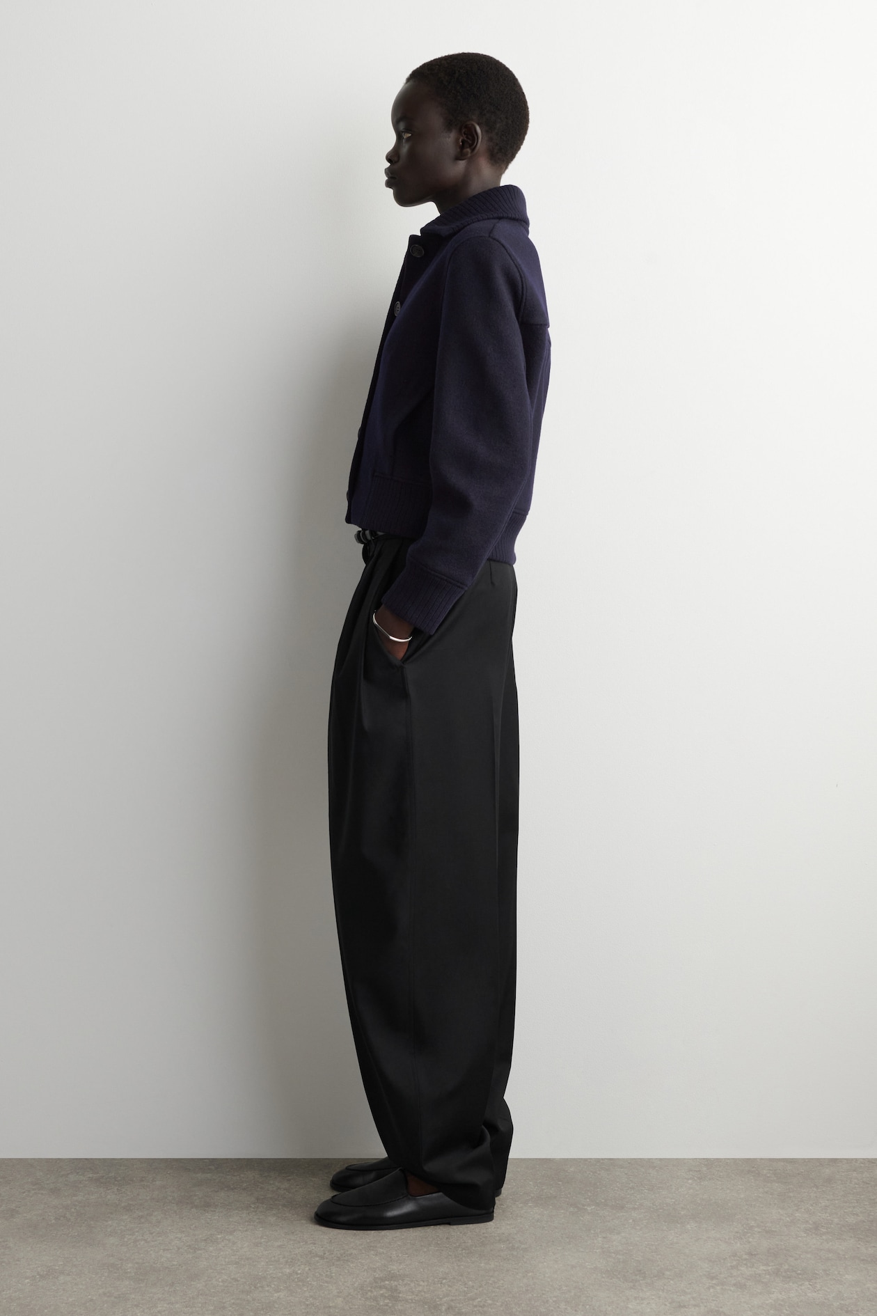 RIBBED-COLLAR BOILED MERINO WOOL JACKET — NAVY