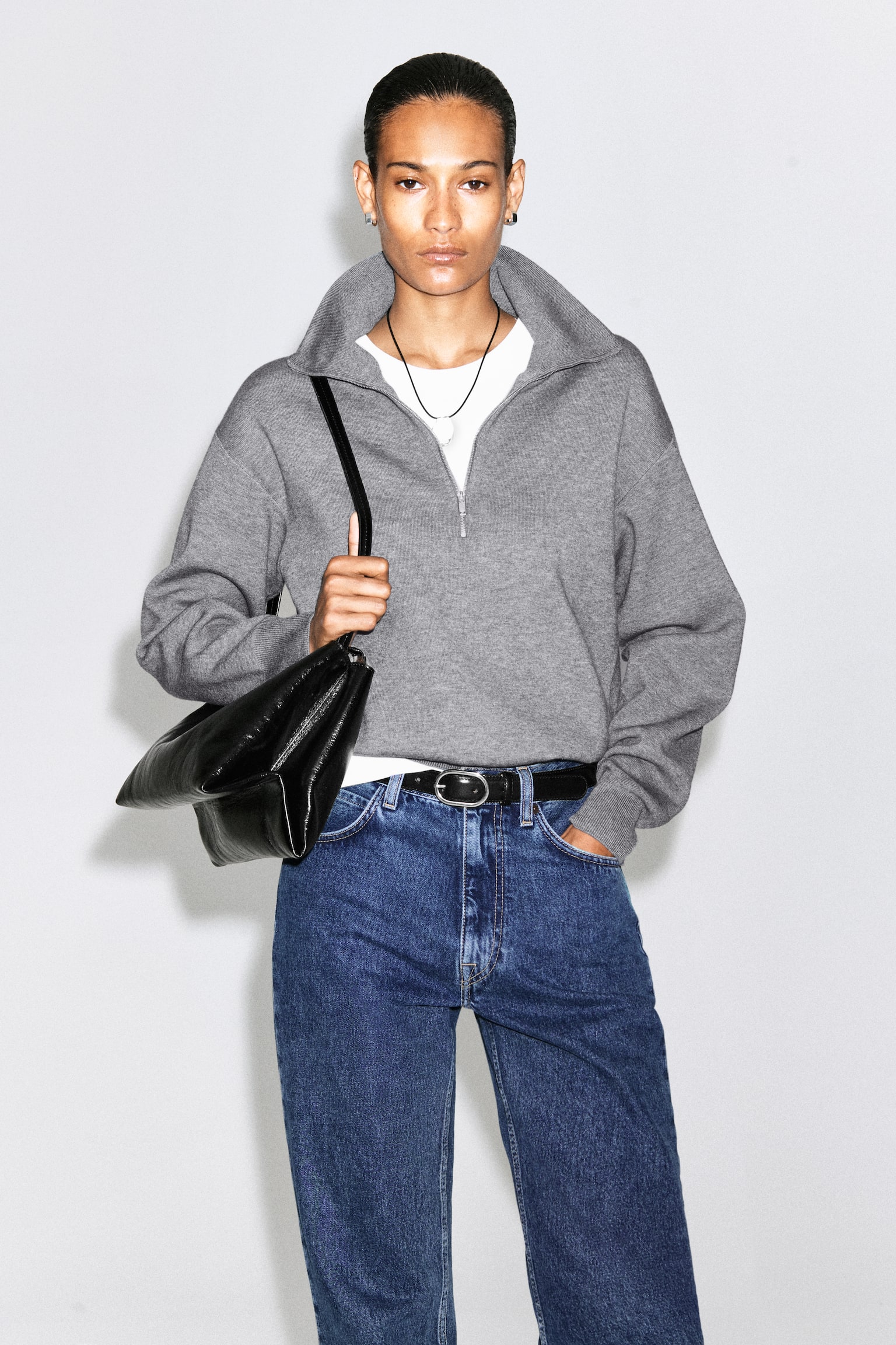JERSEY CUELLO ALTO MEDIA CREMALLERA - GRIS JASPEADO/NEGRO - 1