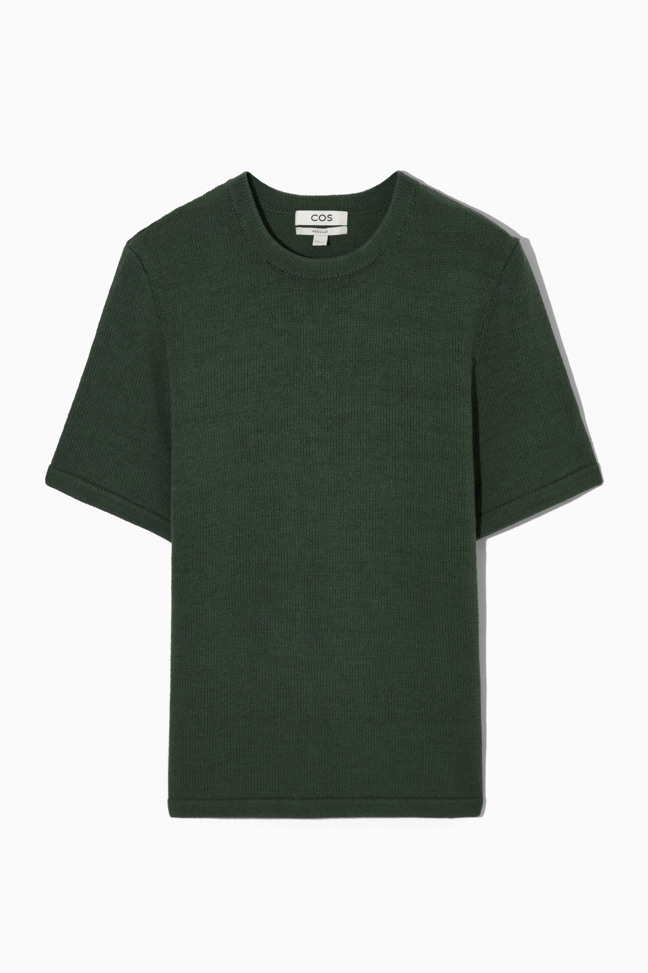 Näytä suurempi kuva: ORGANIC-COTTON KNITTED T-SHIRT - TUMMANVIHREÄ - MIEHET | H&M FI 1