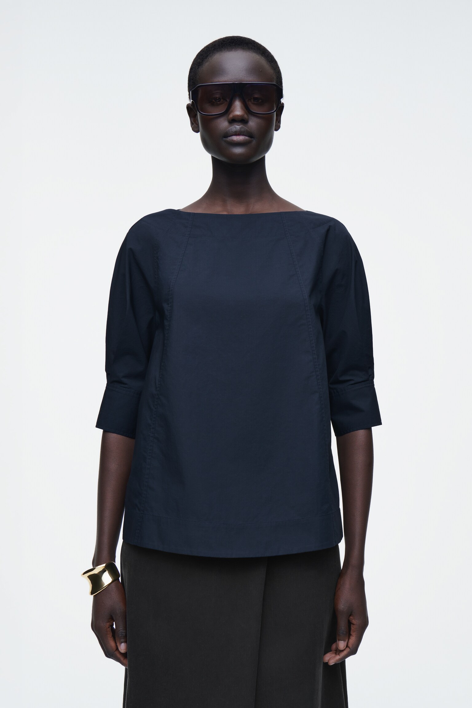 VOLUMINOUS BOAT-NECK COTTON BLOUSE - NAVY/WHITE