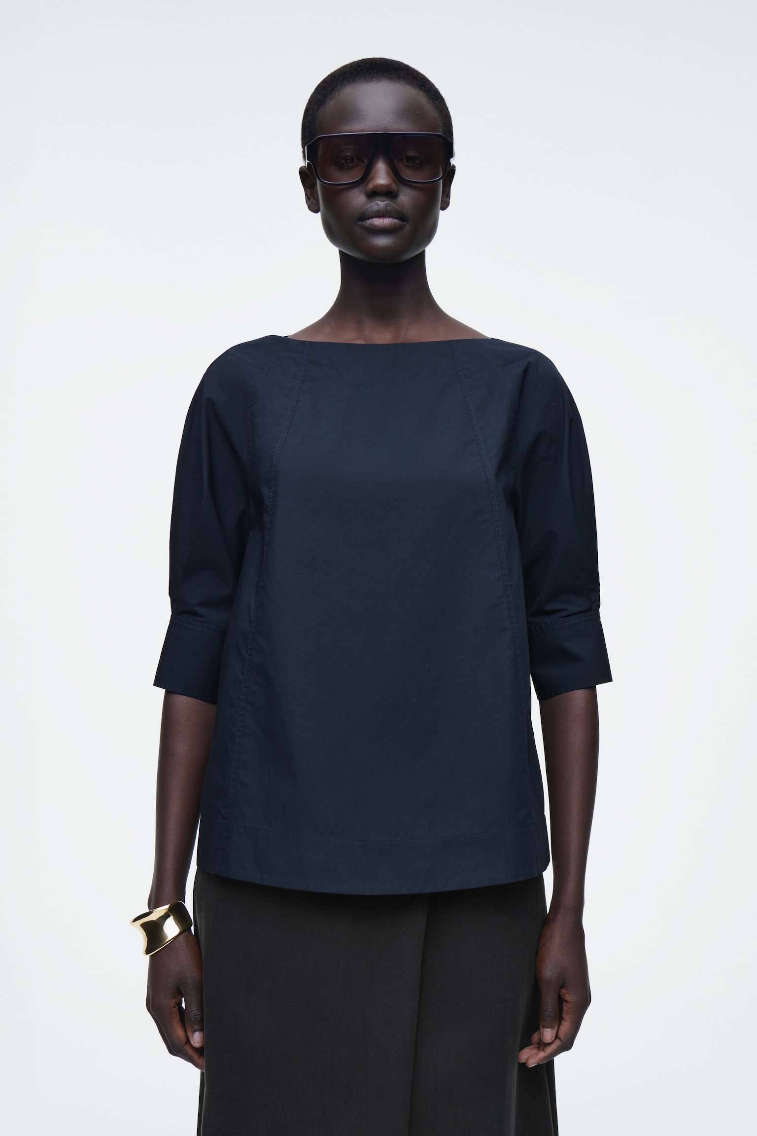 VOLUMINOUS BOAT-NECK COTTON BLOUSE - NAVY/WHITE