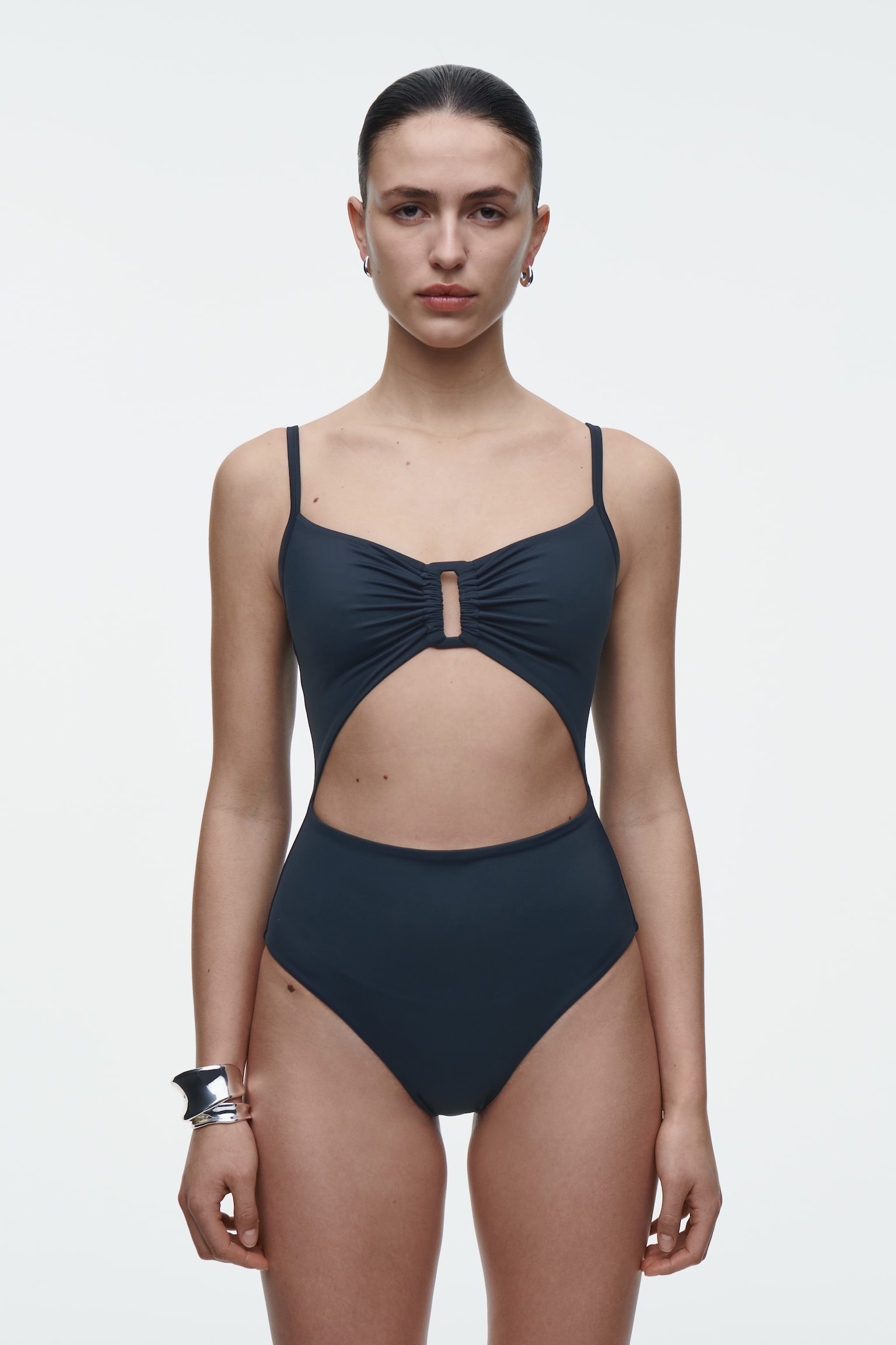 GATHERED CUTOUT SWIMSUIT - NAVY/RUST RED