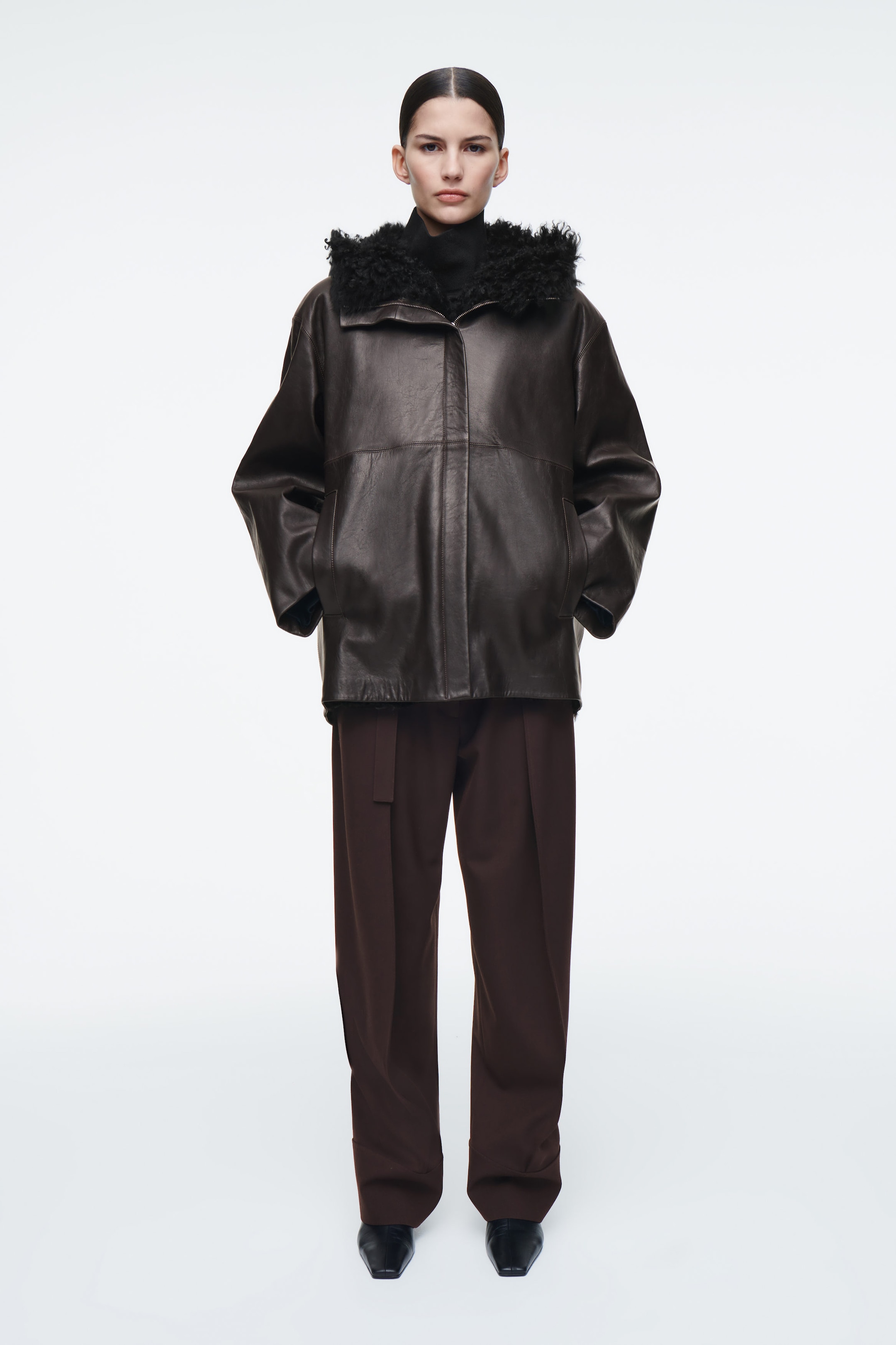 SHEARLING-LINED NAPPA HOODED JACKET