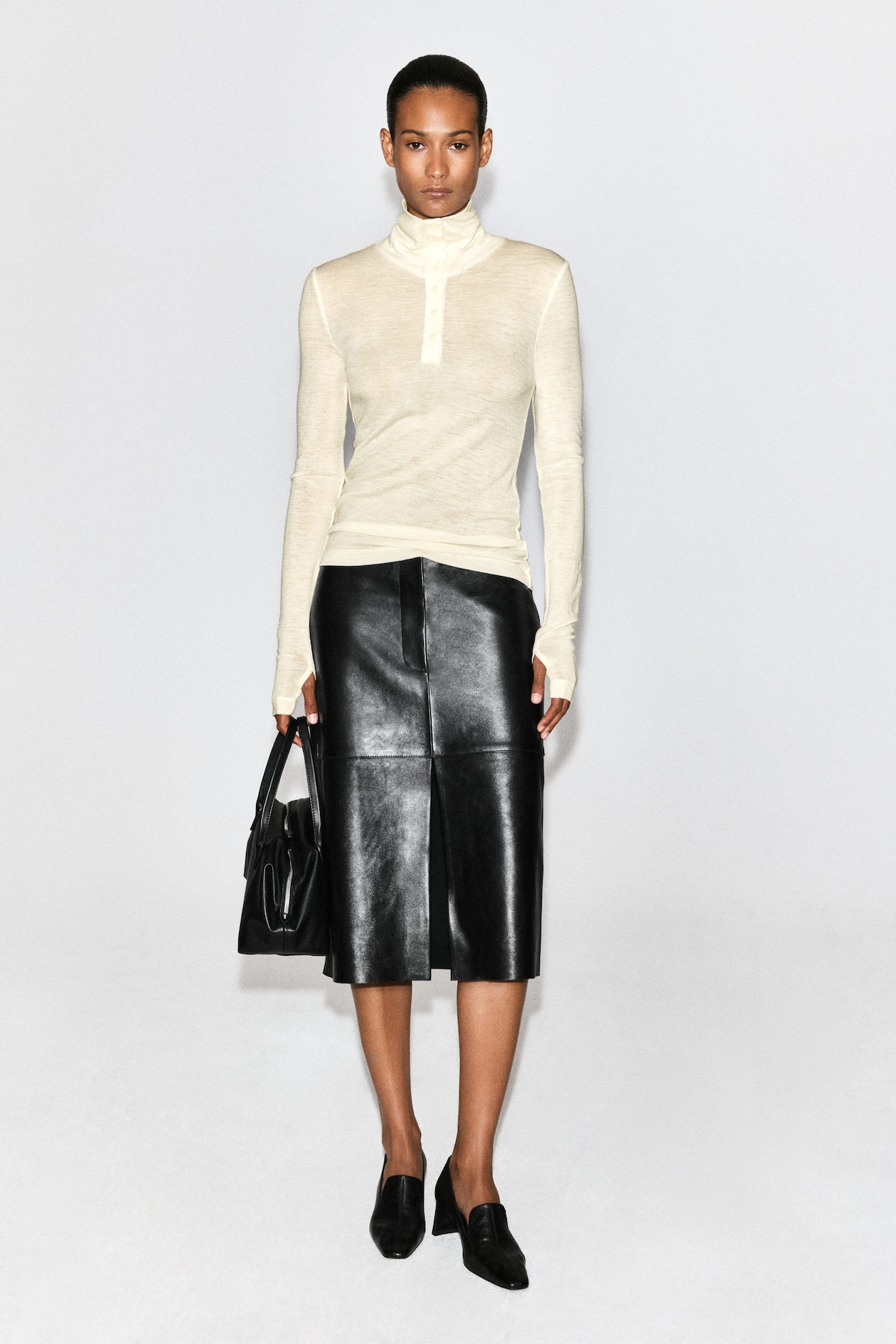 MERINO WOOL BUTTONED MOCK-NECK TOP — IVORY