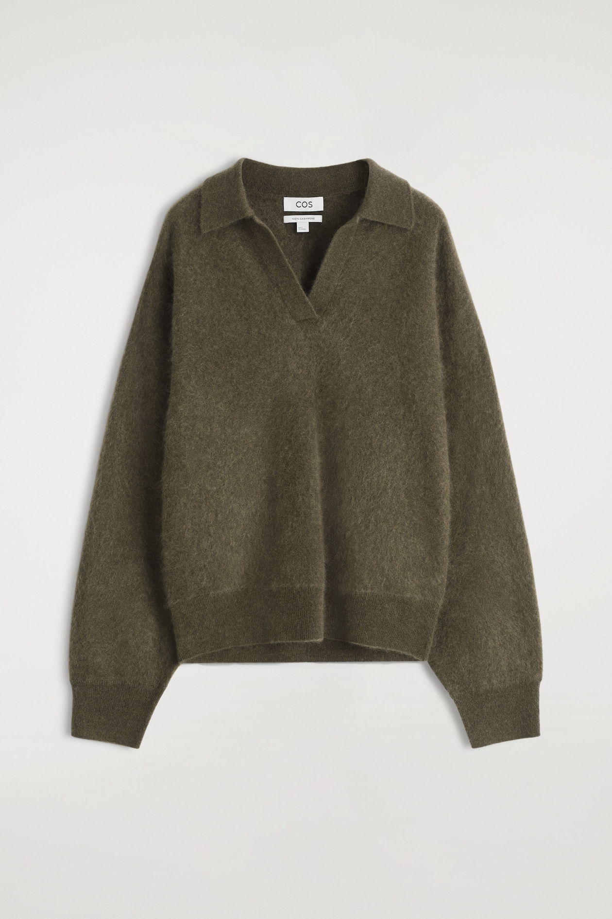 BRUSHED PURE CASHMERE POLO SWEATER — KHAKI
