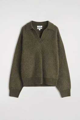 BRUSHED PURE CASHMERE POLO SWEATER — KHAKI 3