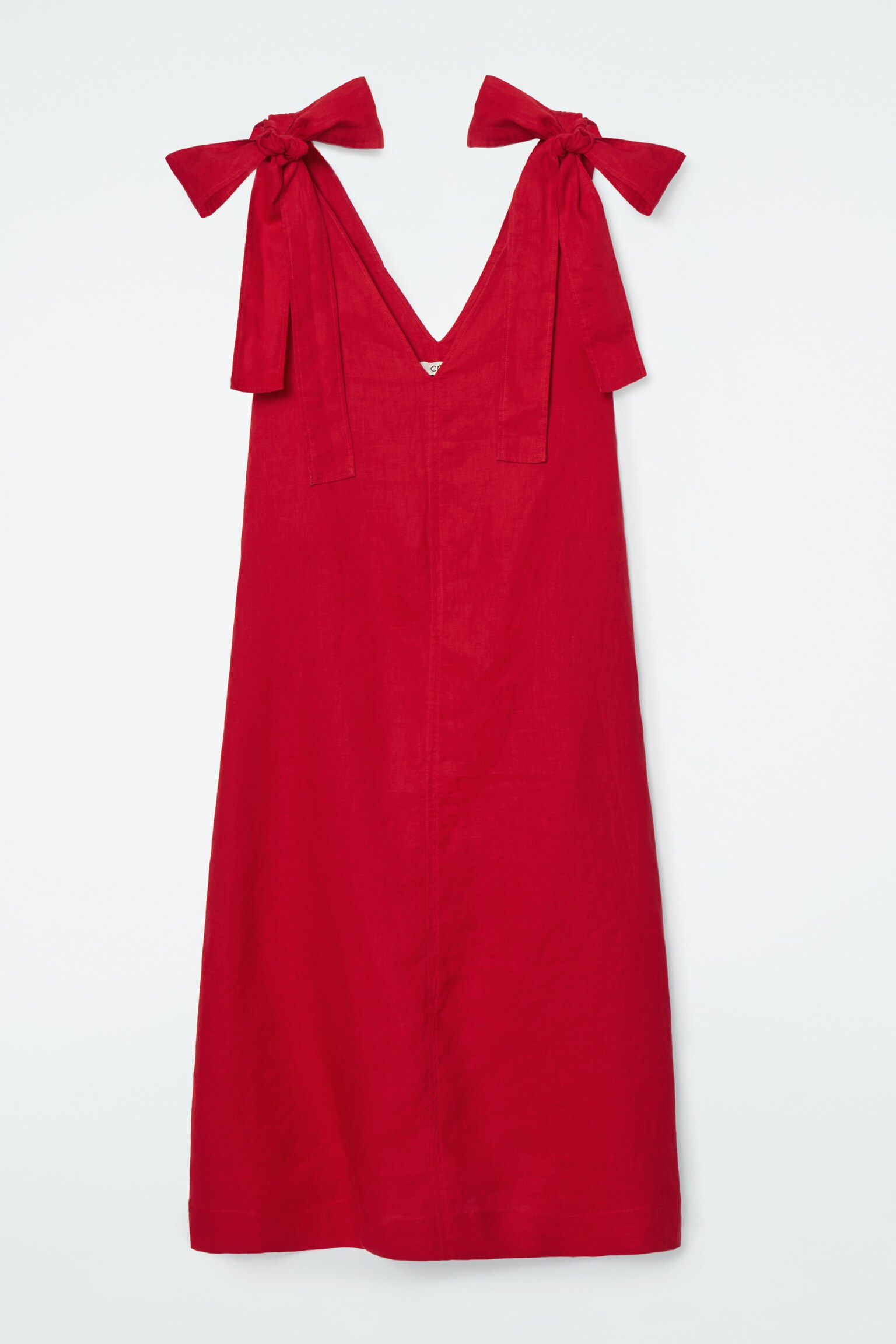 BOW-DETAIL LINEN MIDI DRESS - RED/NAVY BLUE - 1
