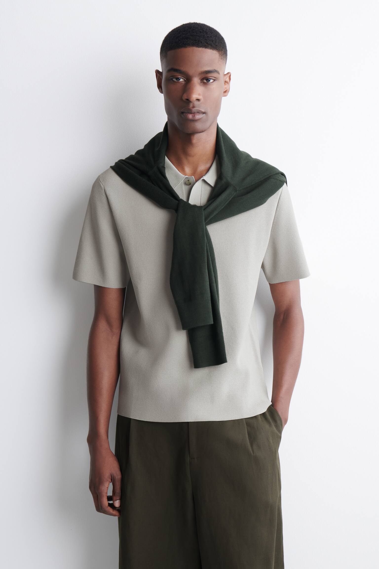 SLIM RIBBED BOUCLÉ-KNIT POLO SHIRT - SAGE/RUST - 1