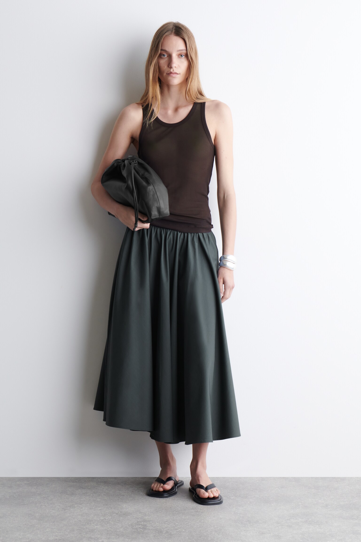 GATHERED A-LINE MIDI SKIRT - CHARCOAL
