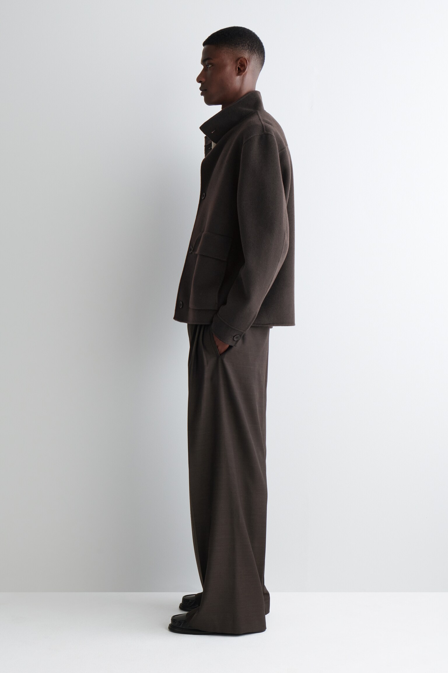 VESTE À COL CHEMINÉE EN LAINE DOUBLE FACE - BRUN FONCÉ/CAMEL - 6