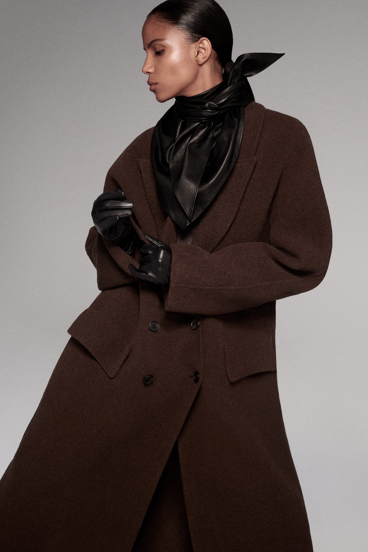 TAILORED DOUBLE-FACED WOOL LONG COAT — BROWN MÉLANGE