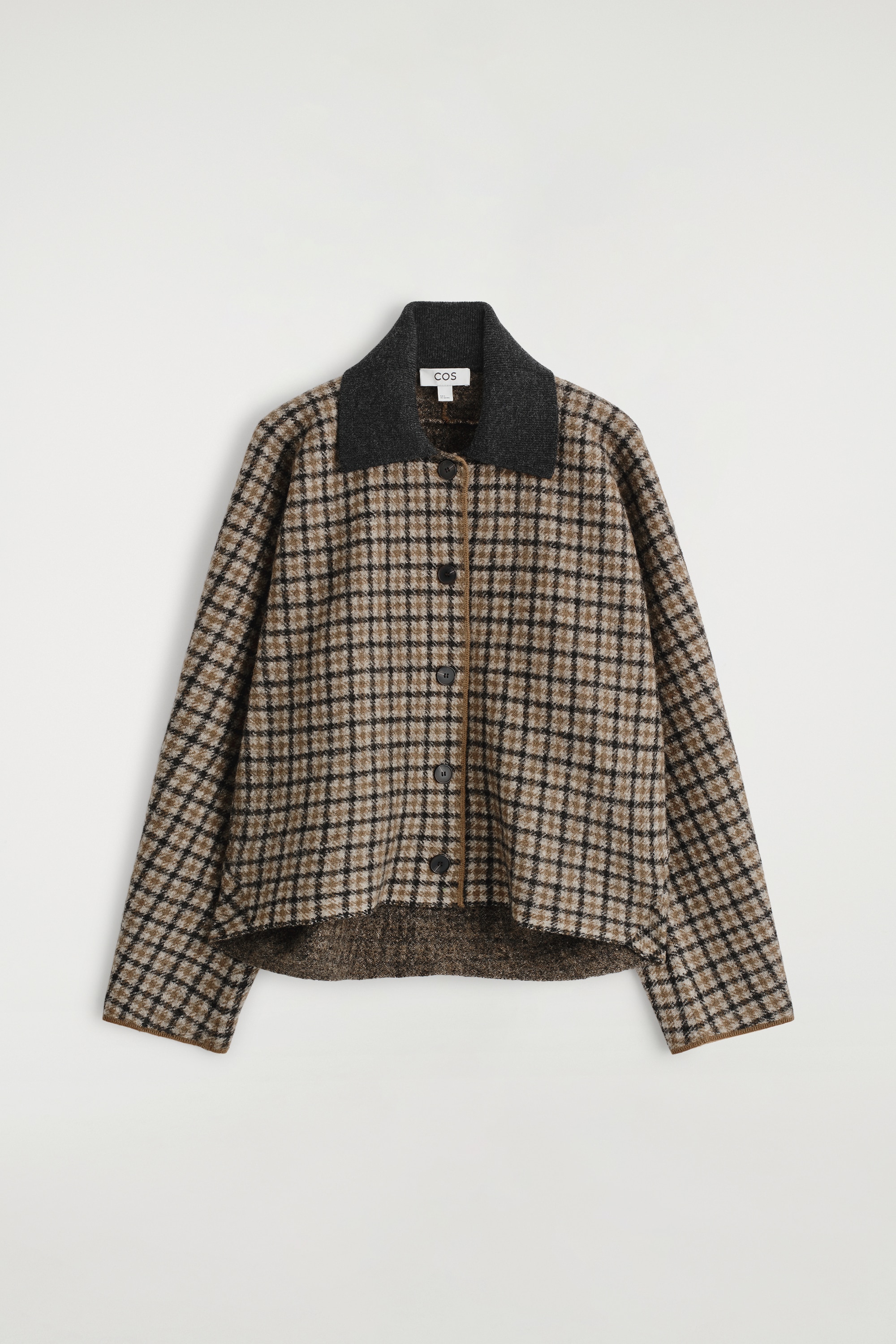 SCULPTED MERINO WOOL SHORT JACKET - BEIGE / CHECKED/GREY MÉLANGE/DARK BROWN