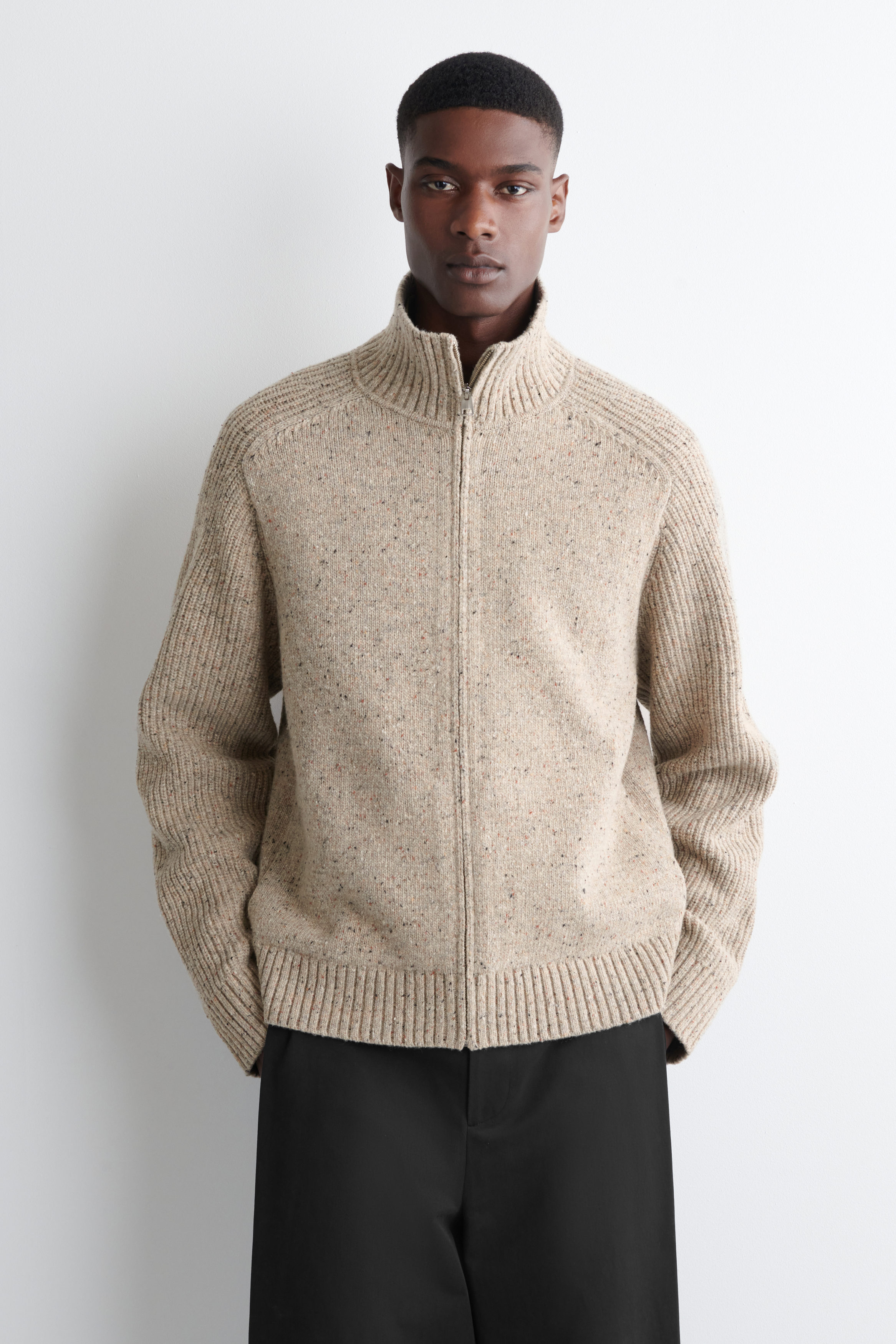 DONEGAL-EFFECT WOOL ZIP-UP CARDIGAN - BEIGE MÉLANGE | COS