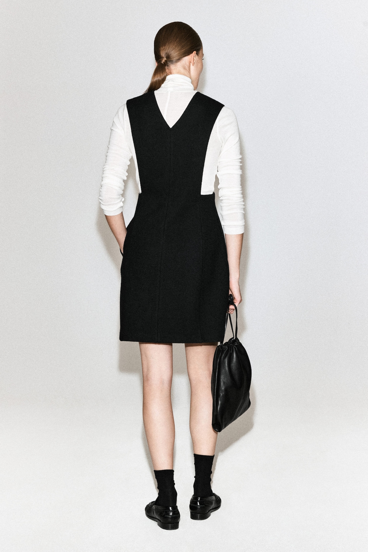 BOILED WOOL-BLEND MINI PINAFORE DRESS — BLACK