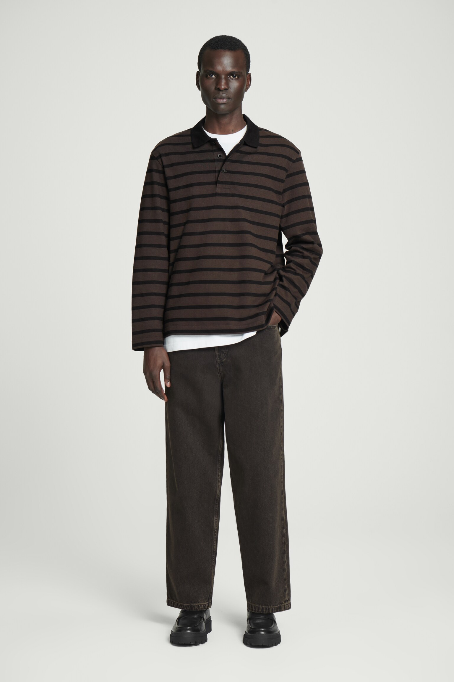 STRIPED LONG-SLEEVED POLO SHIRT - BROWN / BLACK/ECRU / BLACK - 4