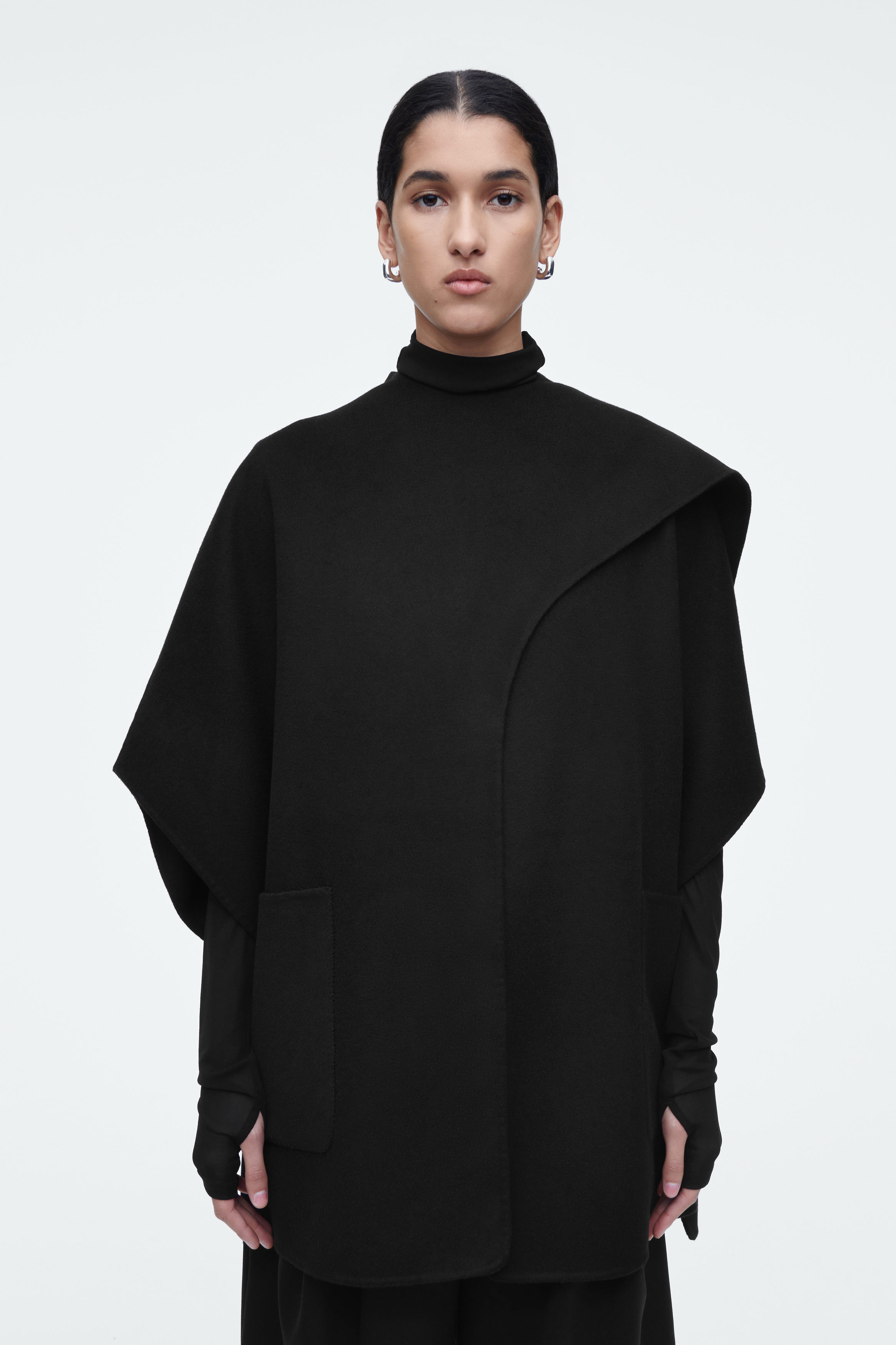 SCARF-DETAIL DOUBLE-FACED WOOL CAPE - BLACK | COS