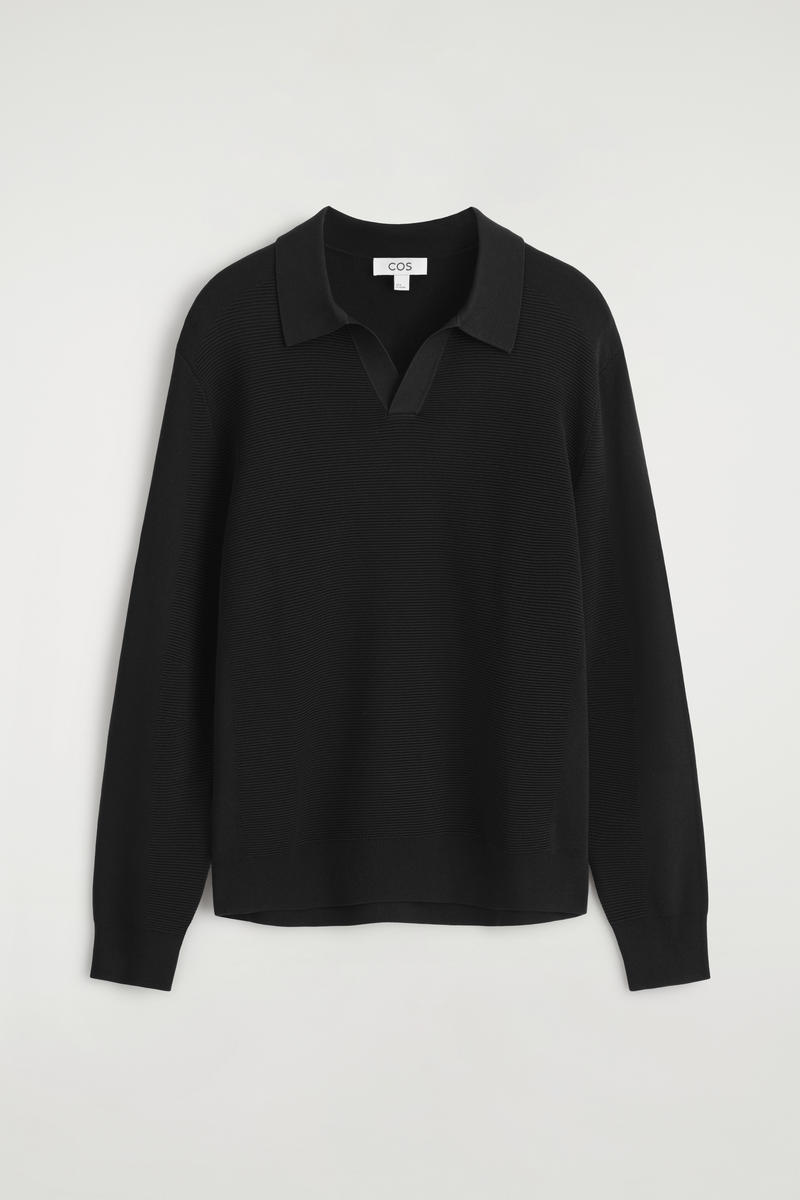 Cos Textured Knitted Polo Sweater In Black