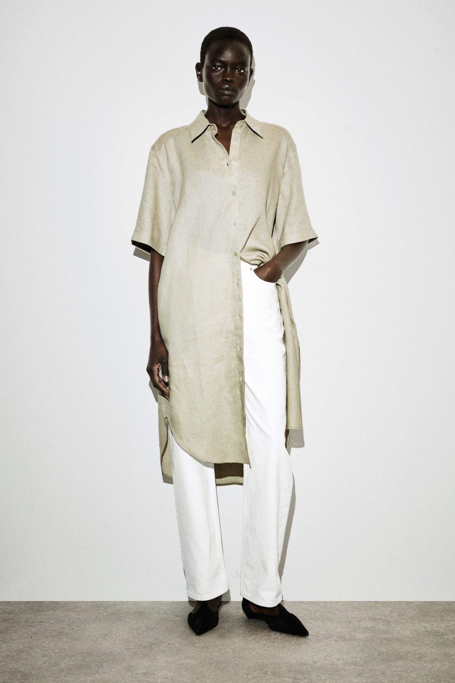 Overhemdjurk van linnen met korte mouwen - buinbeige/bordeauxrood - 1