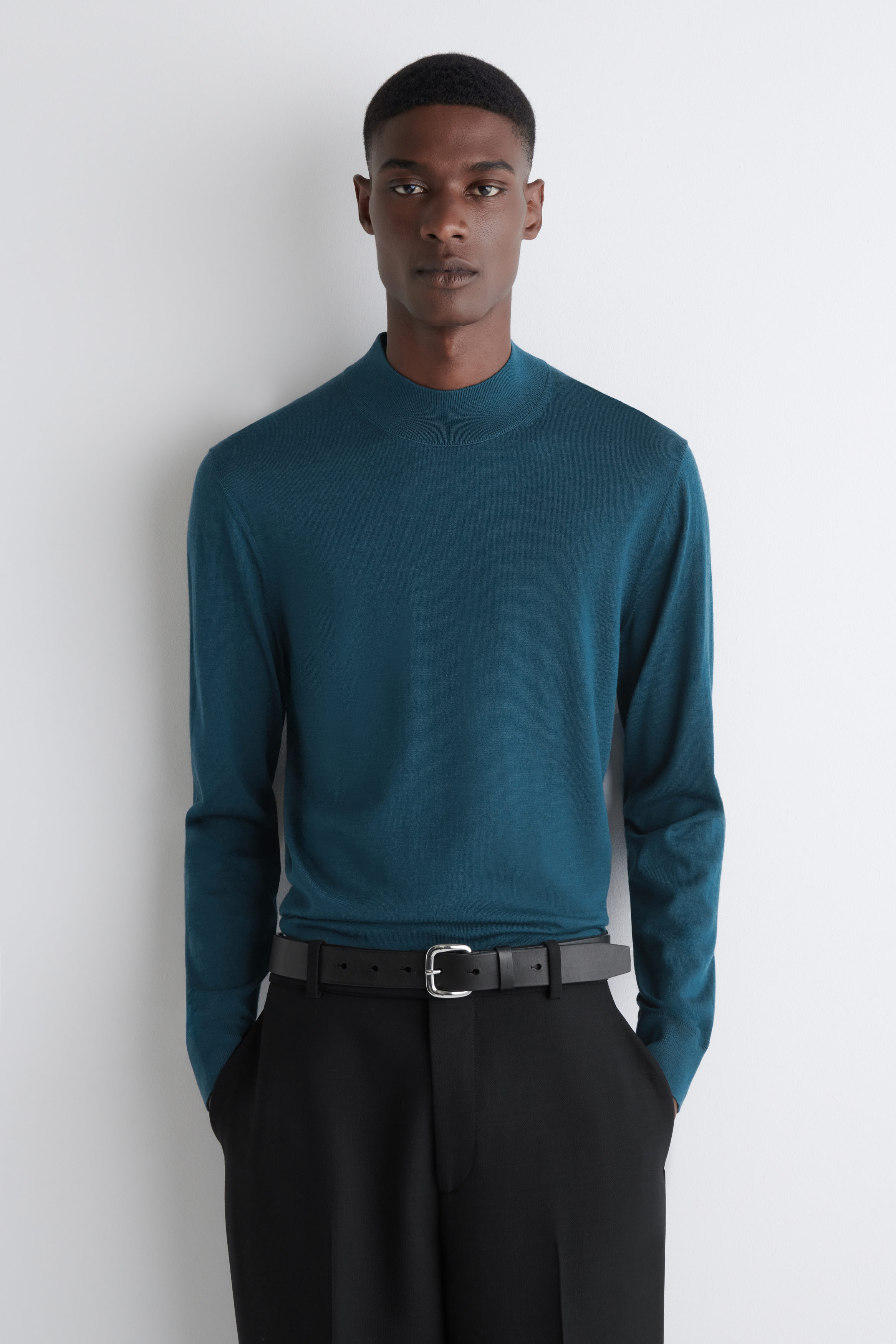 SLIM MERINO WOOL MOCK-NECK SWEATER - TEAL | COS