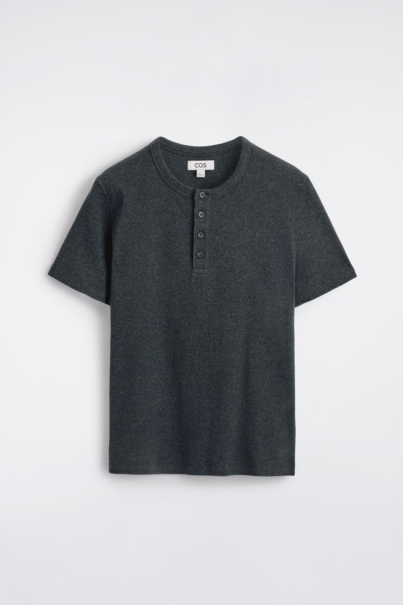 COS Slim-Fit Ribbed Henley T-Shirt In Navy Men's Large