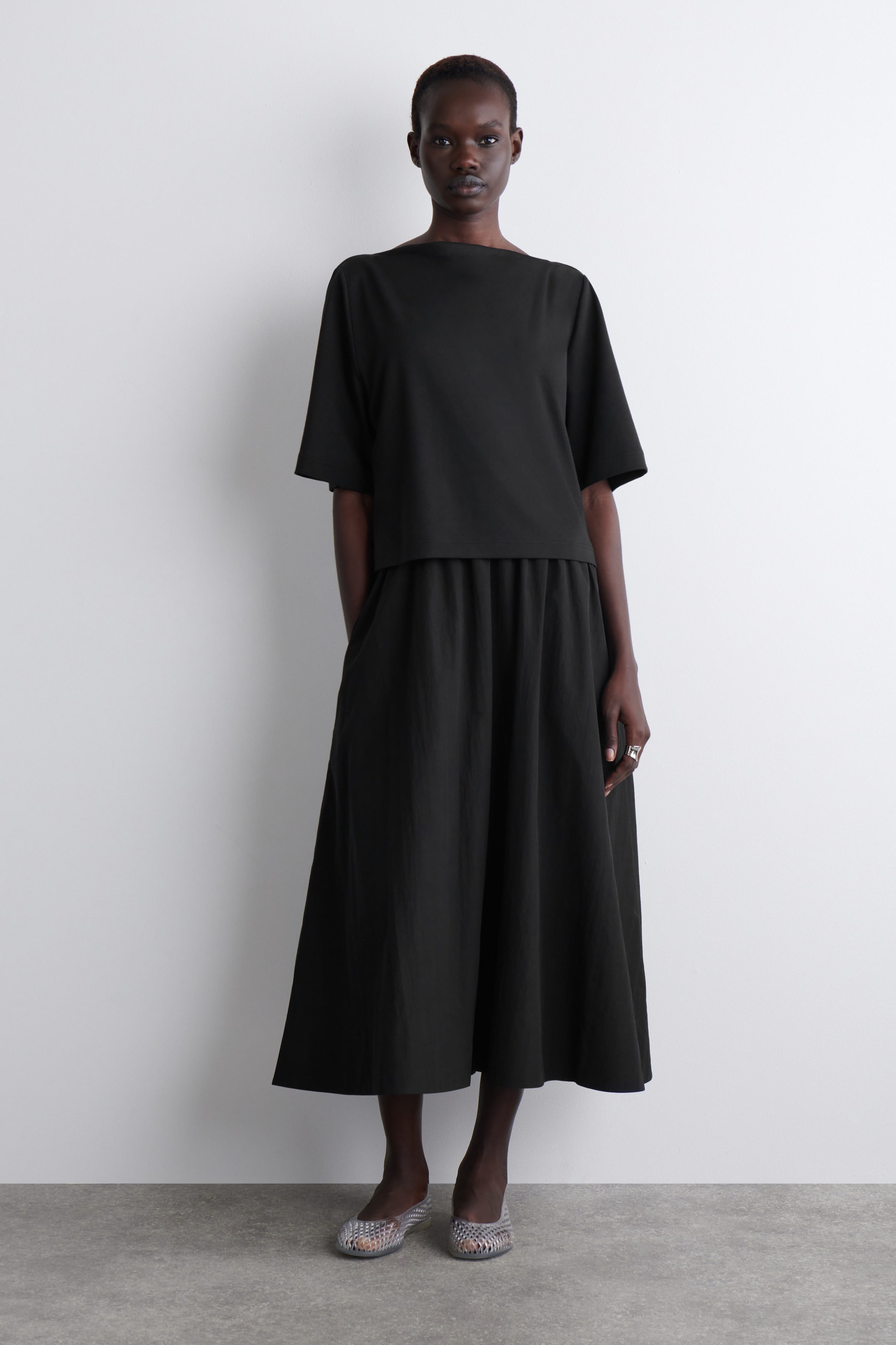 LAYERED BOAT-NECK MIDI DRESS