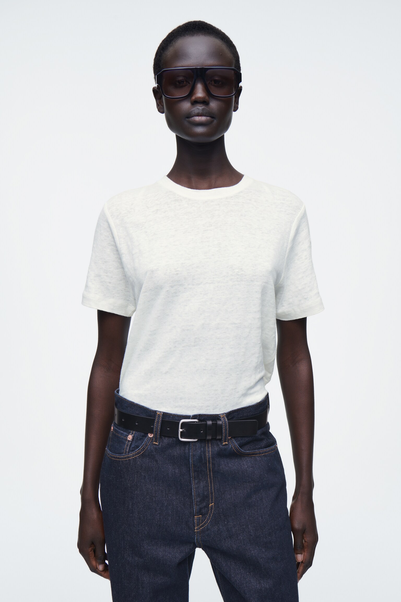 CREW-NECK LINEN T-SHIRT - WHITE/DUSTY BLUE/UNDYED / STRIPED