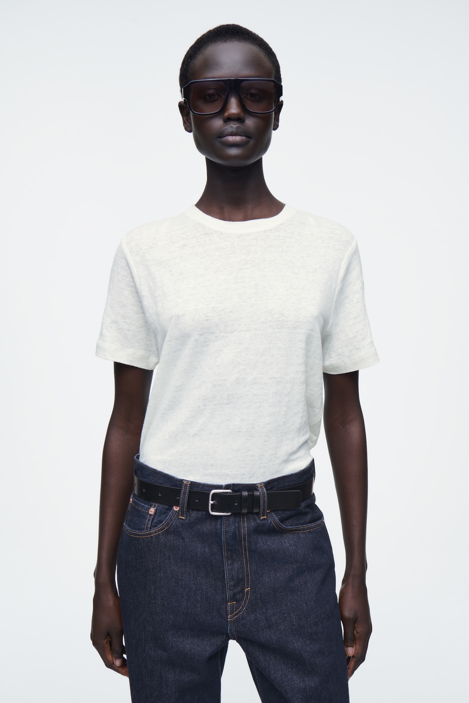 T-SHIRT GIROCOLLO IN LINO - BIANCO/BLU POLVERE/NON TINTO / RIGHE/NERO