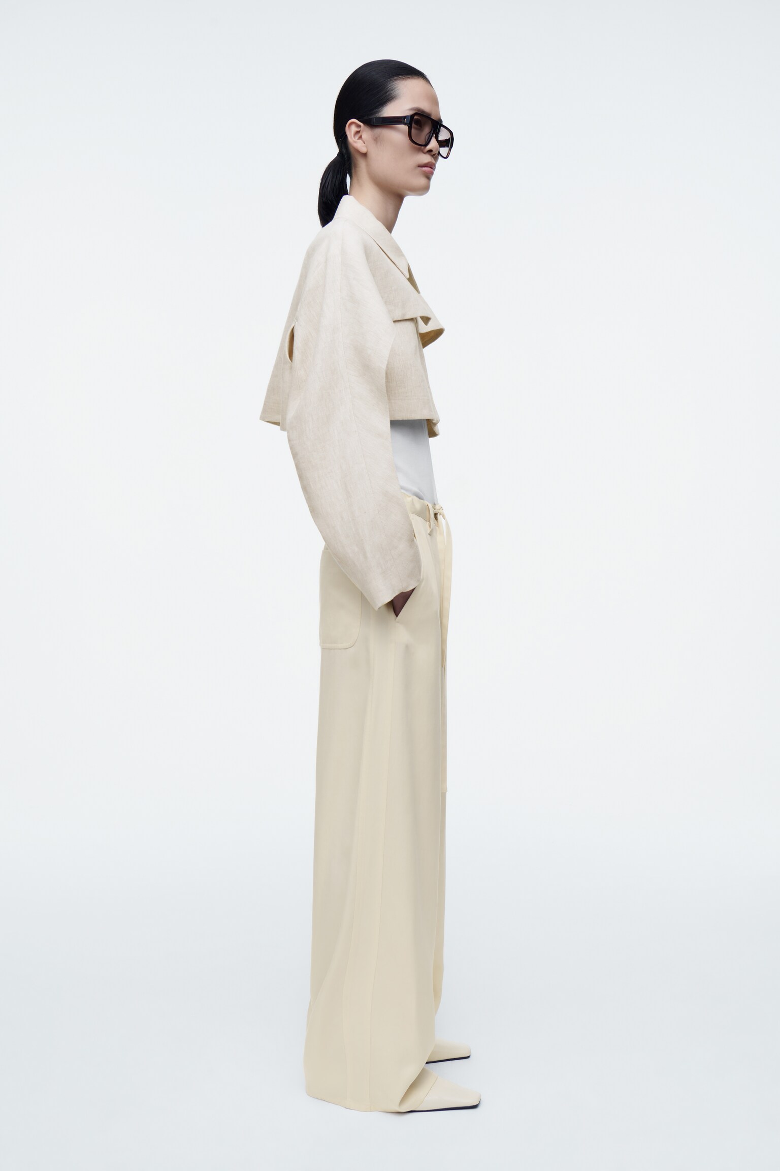 CROPPED LINEN JACKET - LIGHT BEIGE - 4