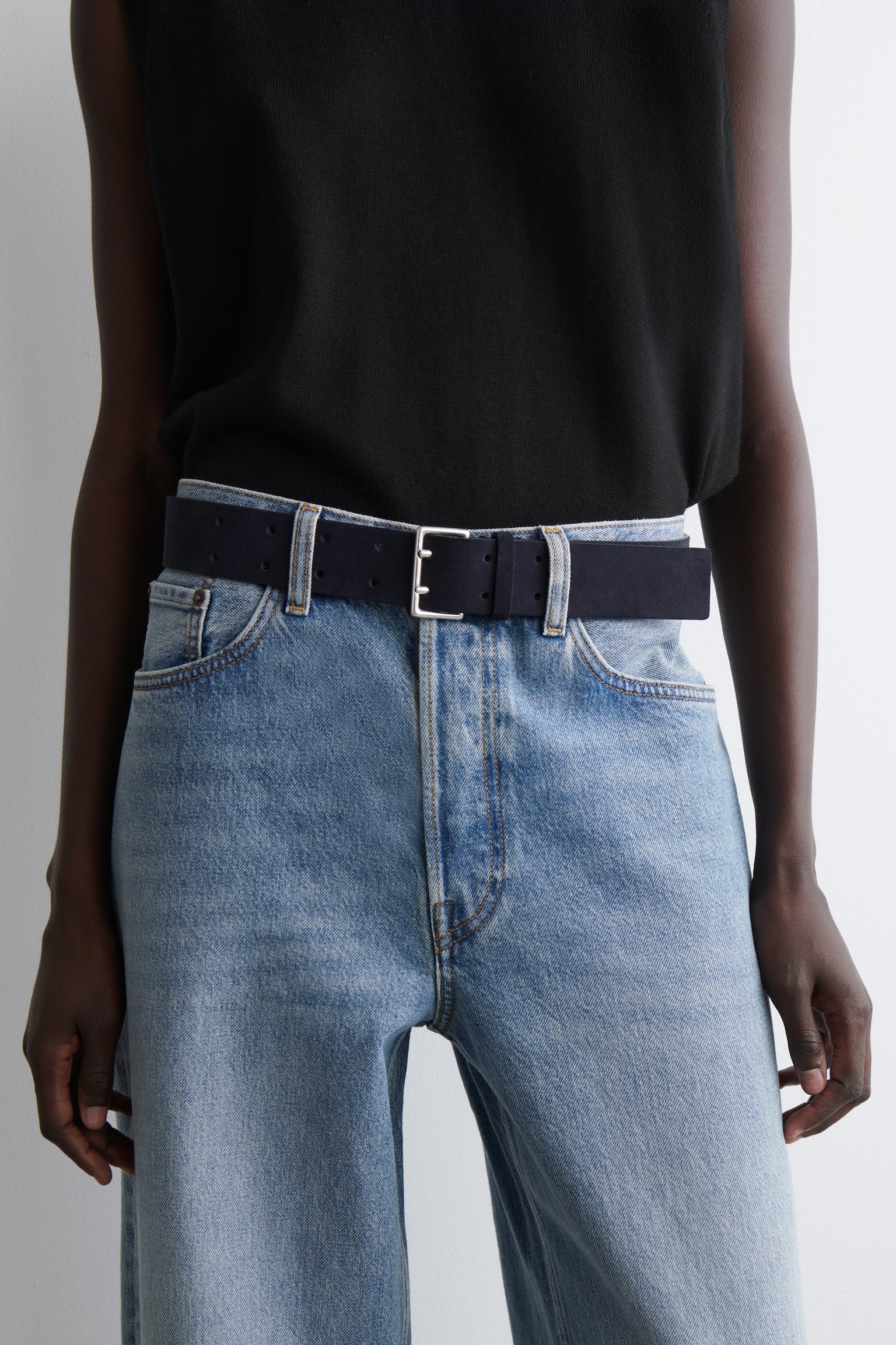 CEINTURE EN DAIM À DOUBLE ARDILLON - BLEU MARINE/BRUN/CAPPUCCINO - 1