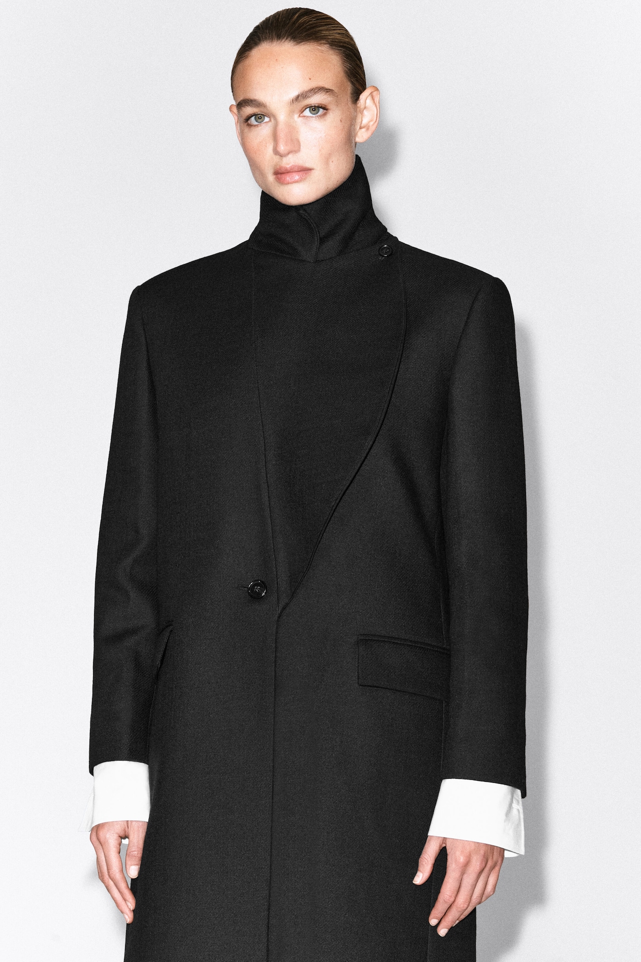 TAILORED DRAPED WOOL-BLEND LONG COAT — BLACK