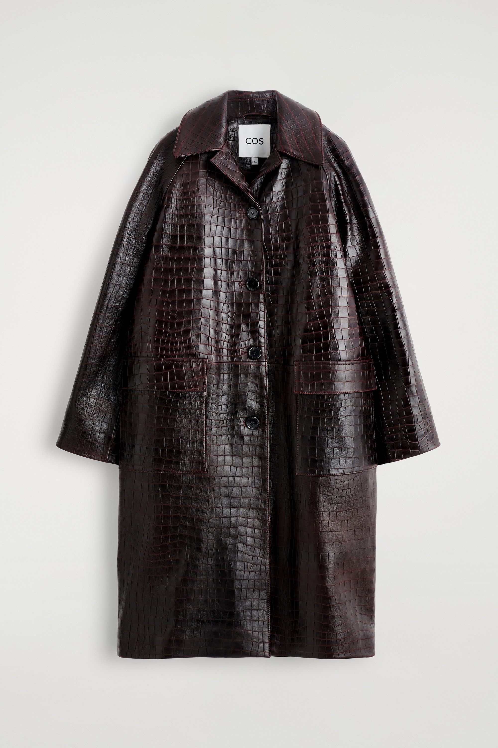 CROC-EMBOSSED LEATHER LONG COAT - MARRON ÎNCHIS